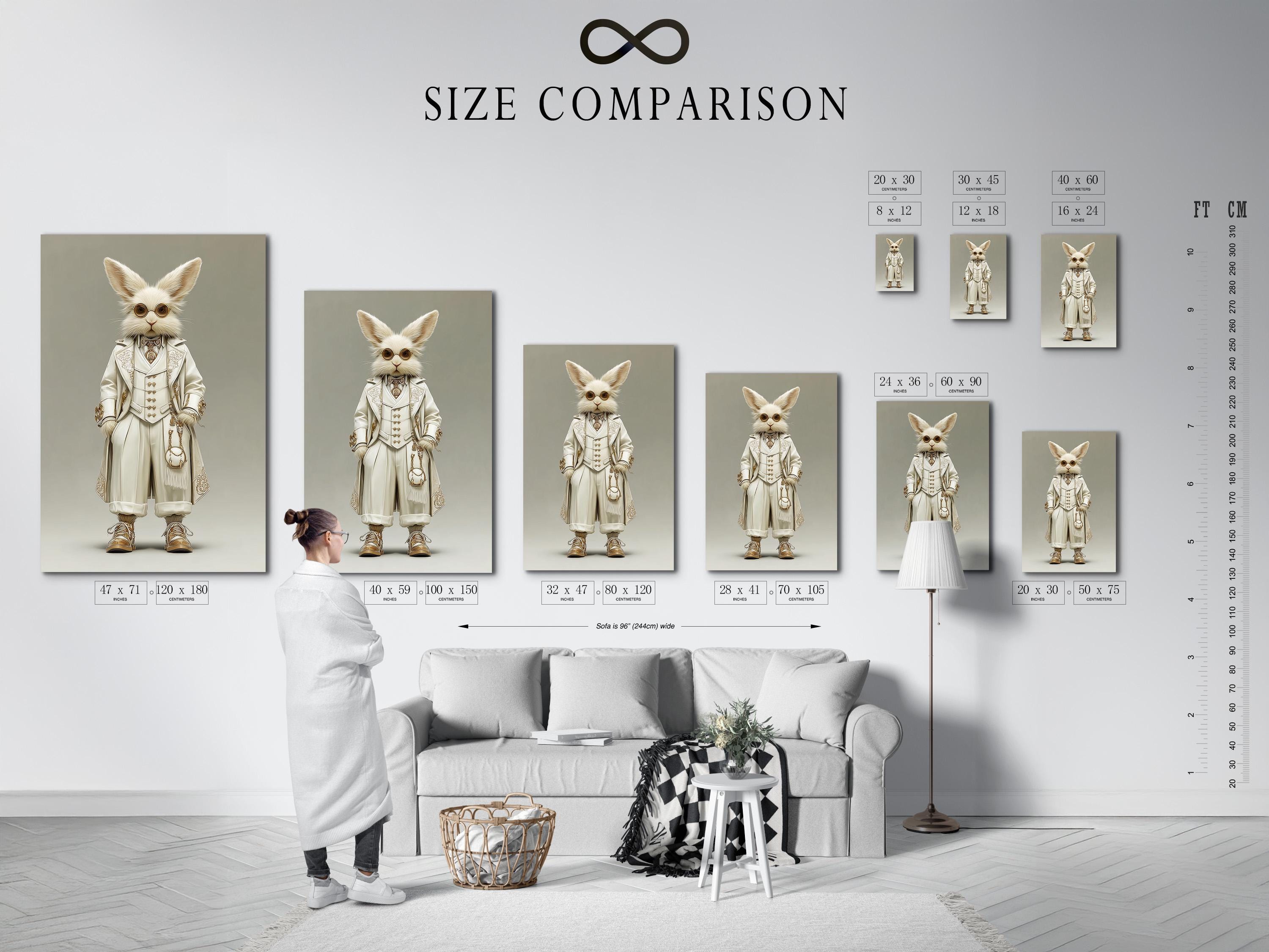A framed rabbit portrait artwork featuring a white rabbit with round gold spectacles and a Victorian outfit