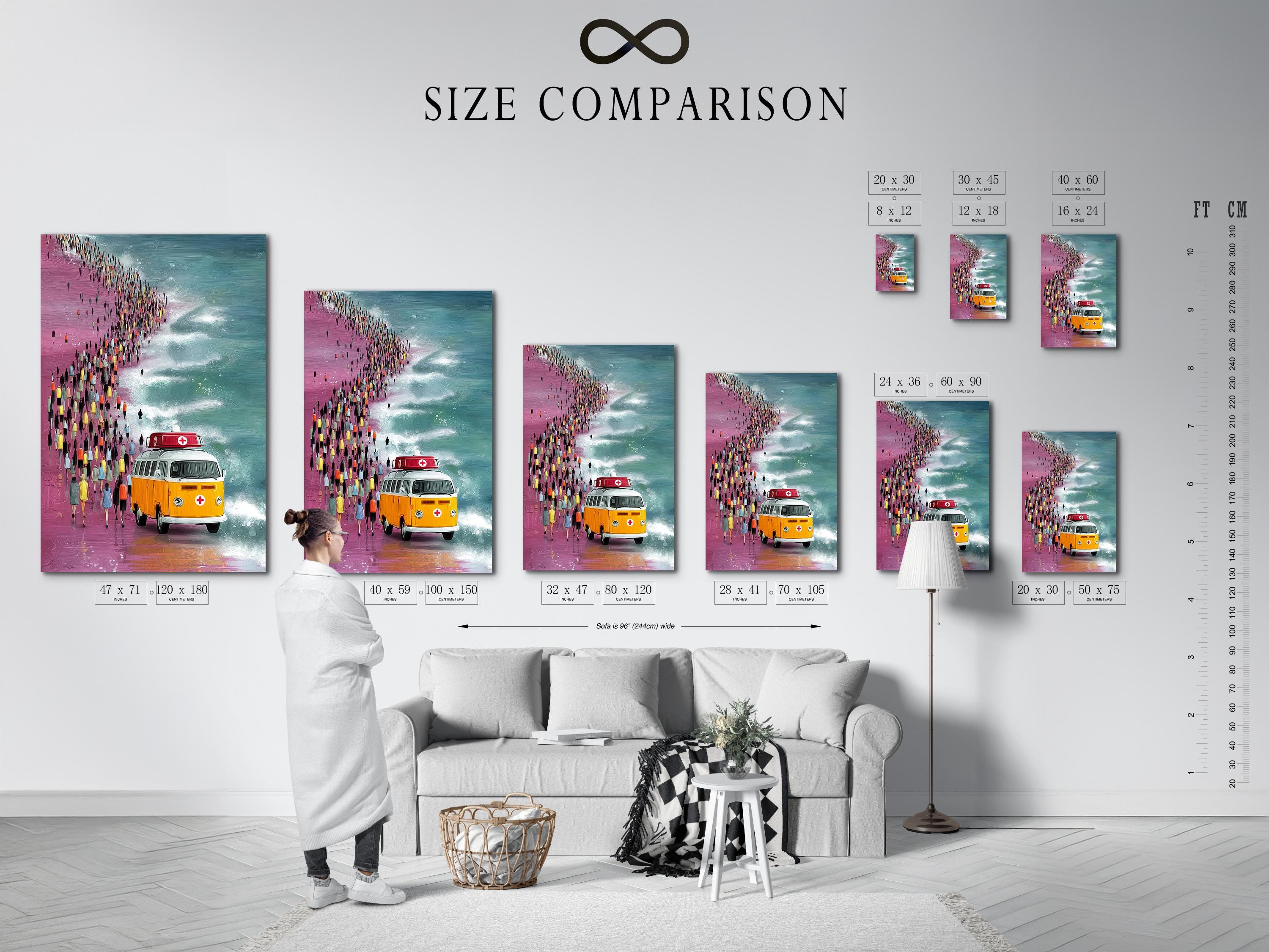 Retro beach rain scene with a yellow bus, a red emergency van and teal sea waves detail view