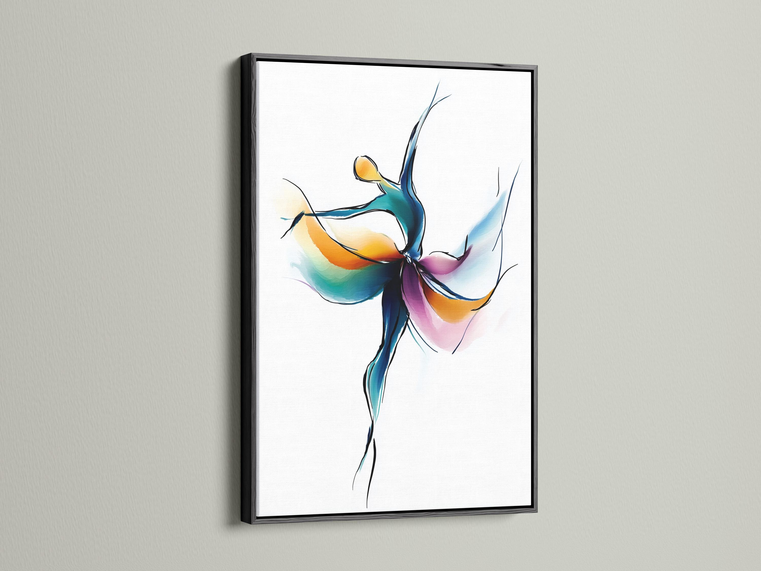 Woman stretching in a dance studio with a framed abstract dancer artwork on the wall