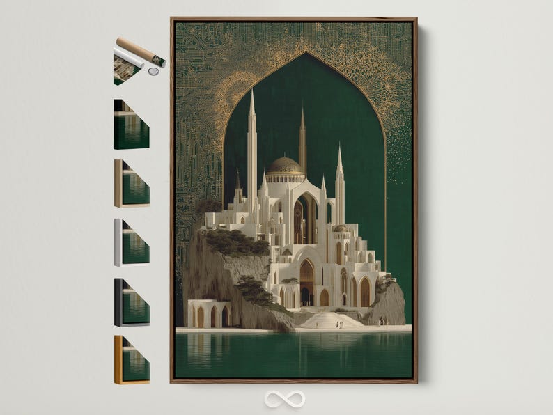 Framed mosque architecture artwork with emerald green background and gold ornate arch design