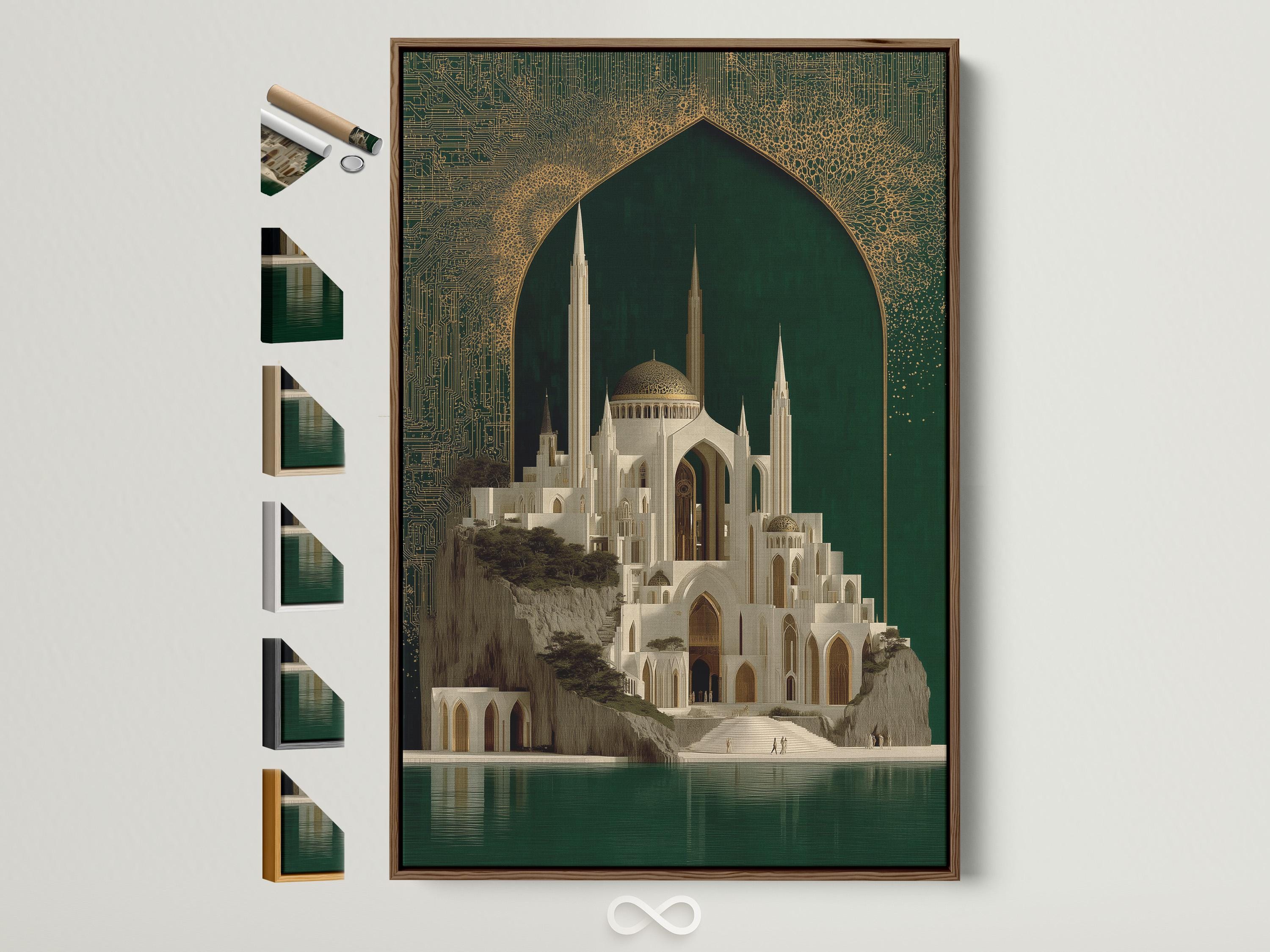 Framed mosque architecture artwork with emerald green background and gold ornate arch design