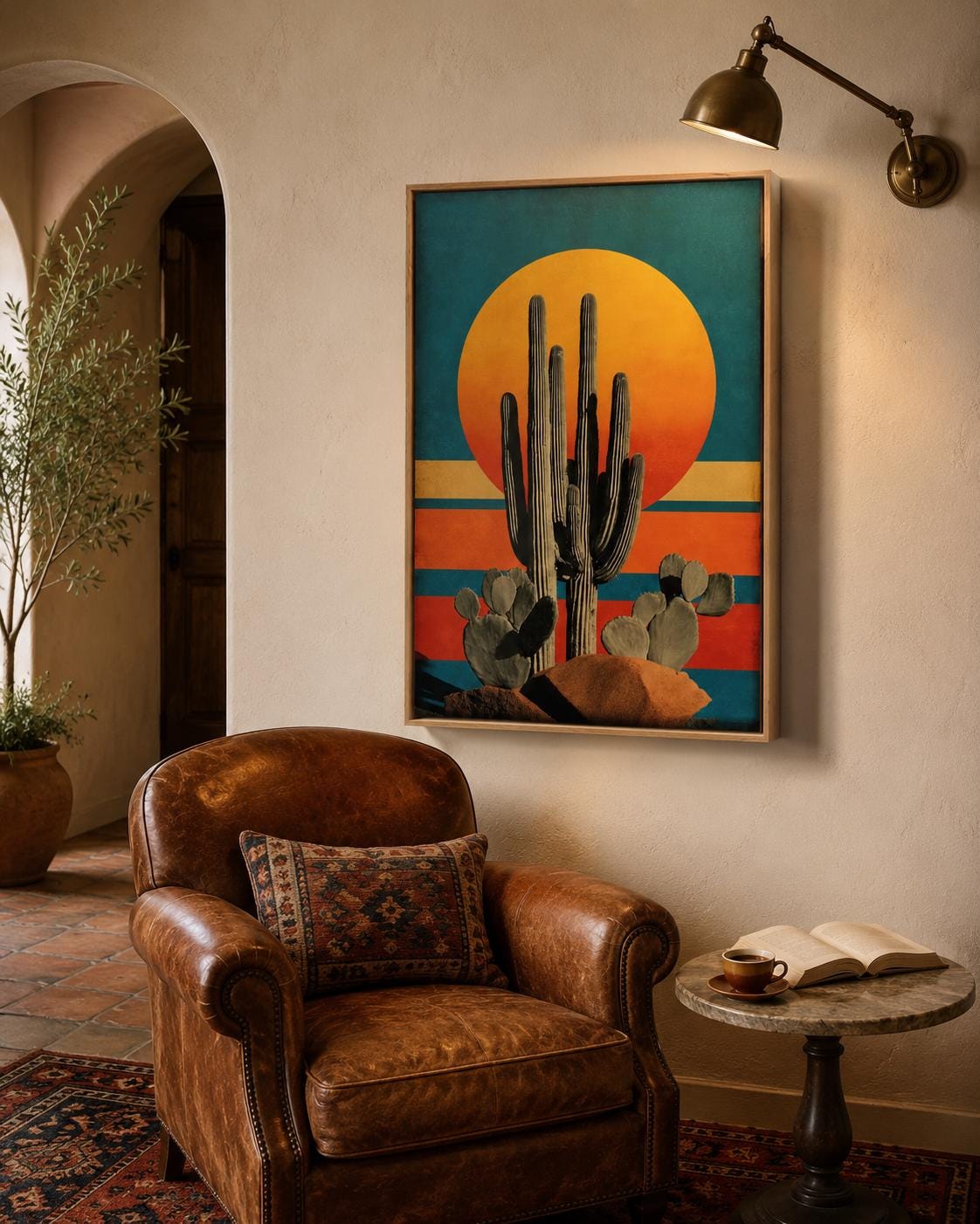 Illustration of a tall cactus with rounded pads beneath a large golden sun over teal and terracotta stripes detail view