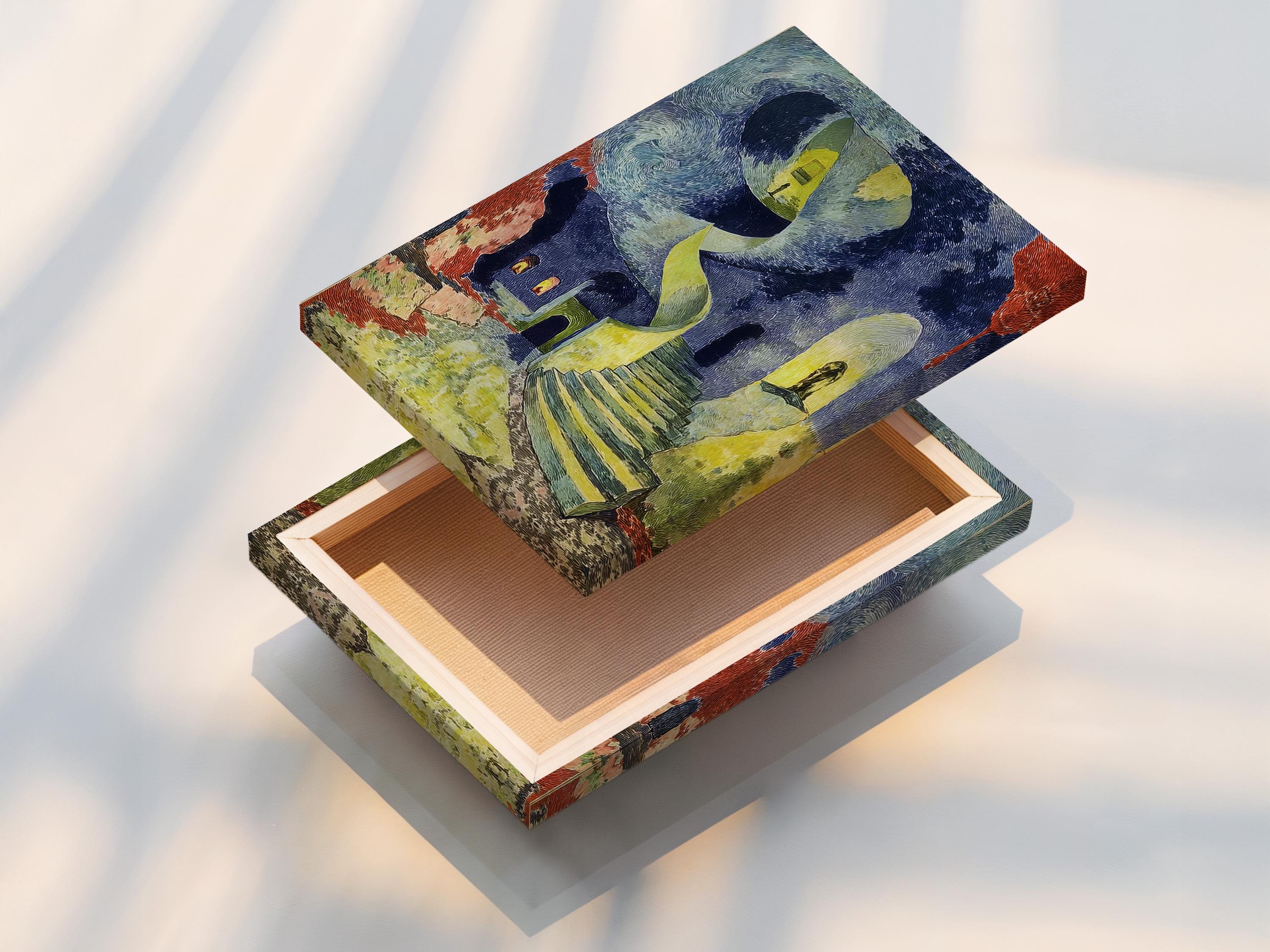 Room mockup showing framed surreal spiral staircase artwork with blue and green tones