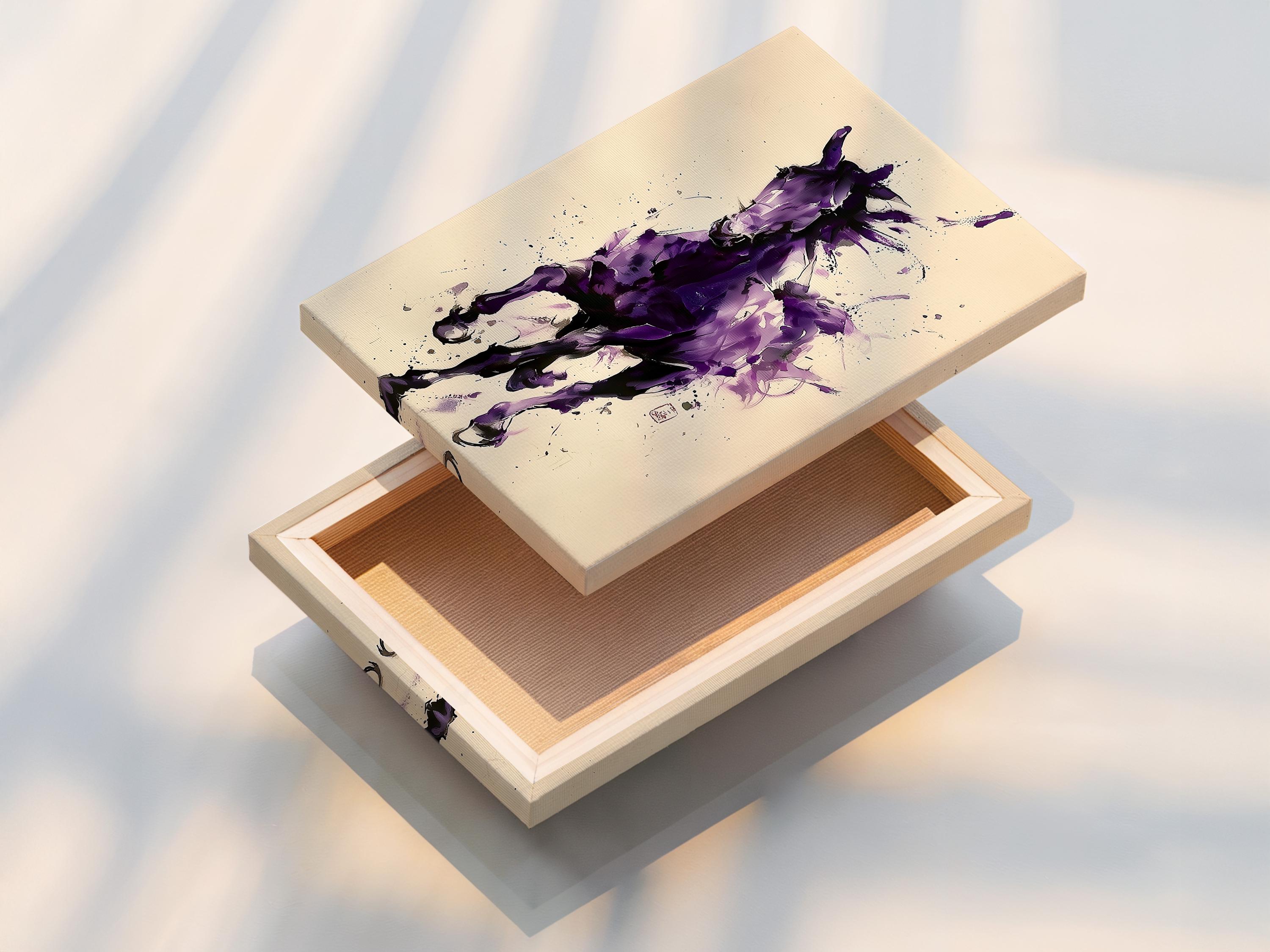 Abstract purple horse illustration with splatter marks on a cream background detail view