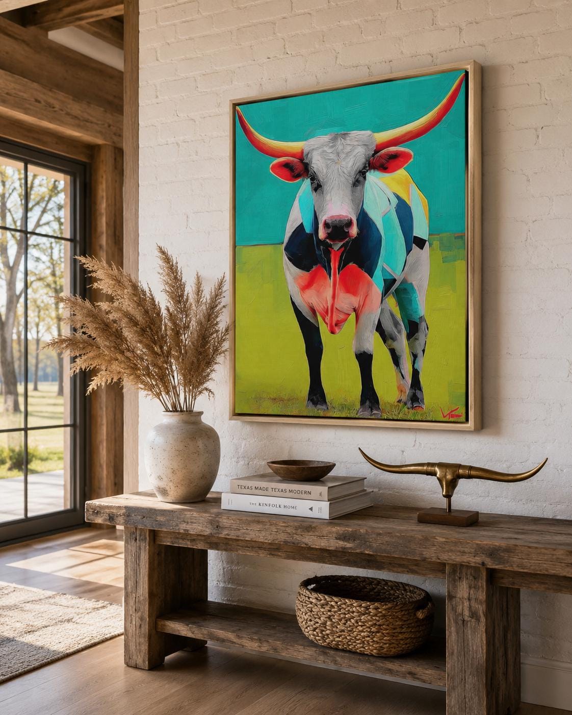 Room mockup with a framed longhorn steer artwork on a wall above a green upholstered sofa and dining table