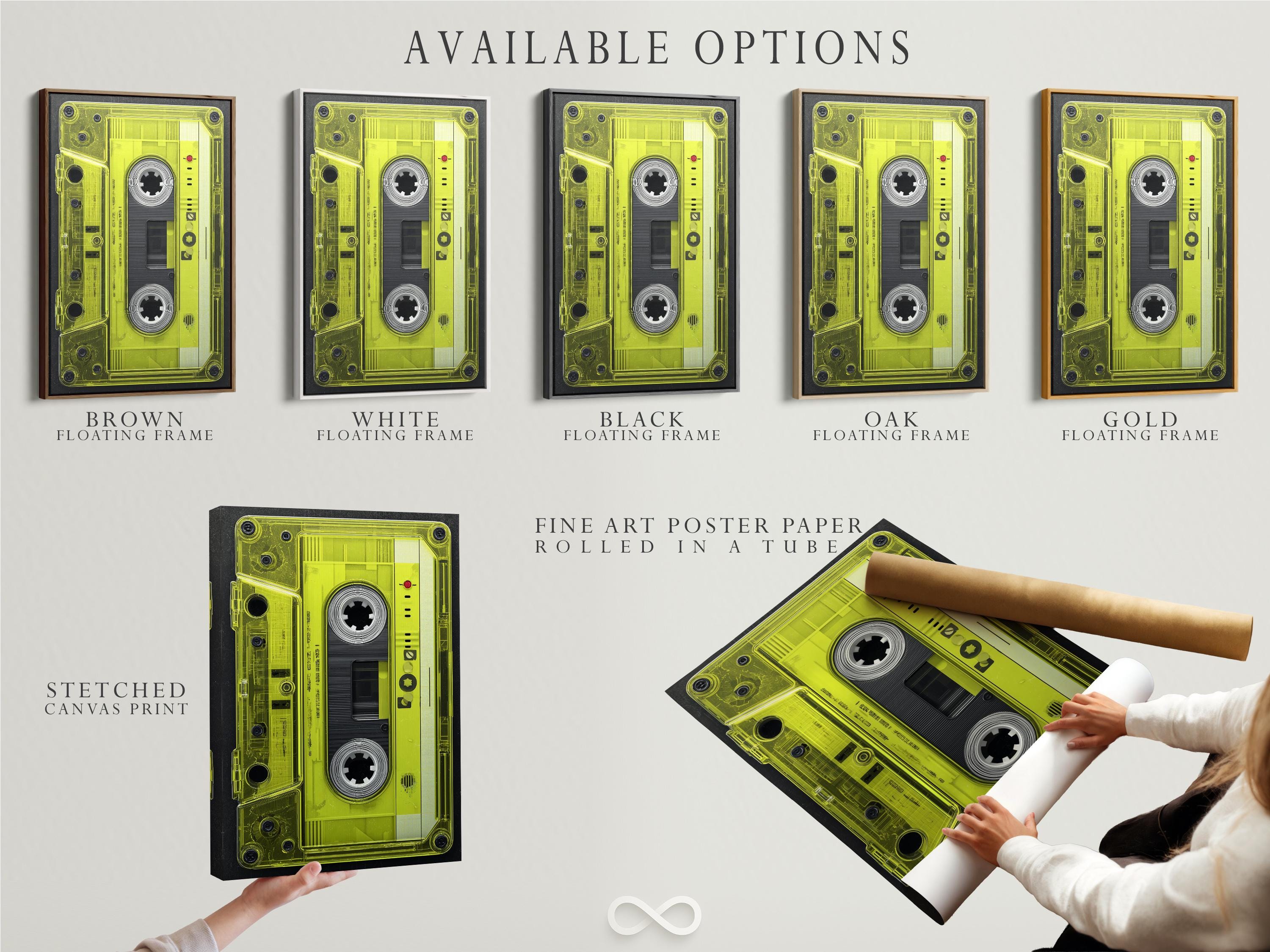 Neon lime cassette tape graphic framed in black with spool circles and a red dot detail detail view