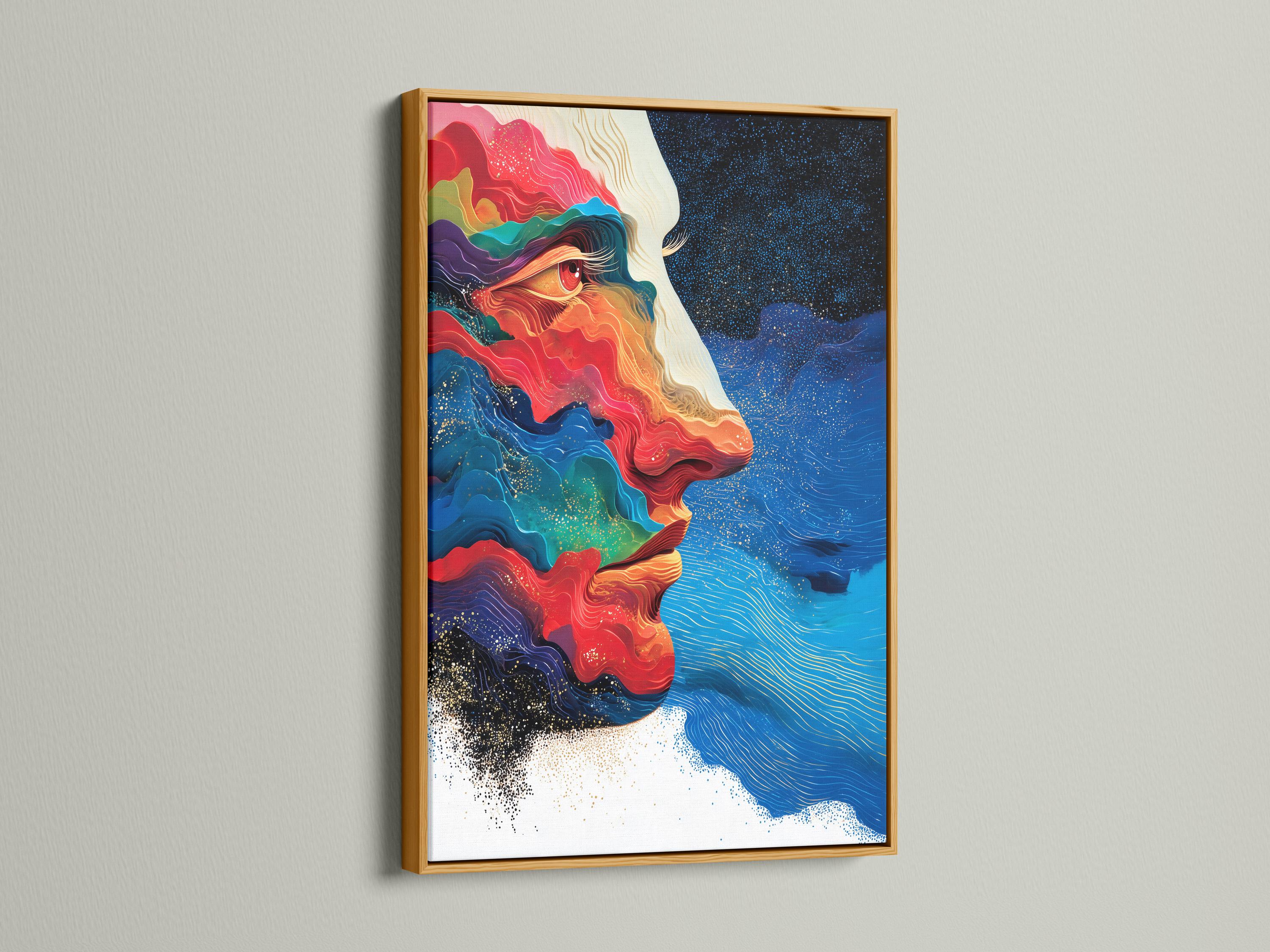 Abstract face in side profile with flowing red, blue and teal shapes and warm gold highlights on a dark starry background detail view
