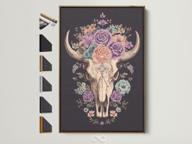 Pastel floral bull skull wall art with a rose crown and horns on a dark background