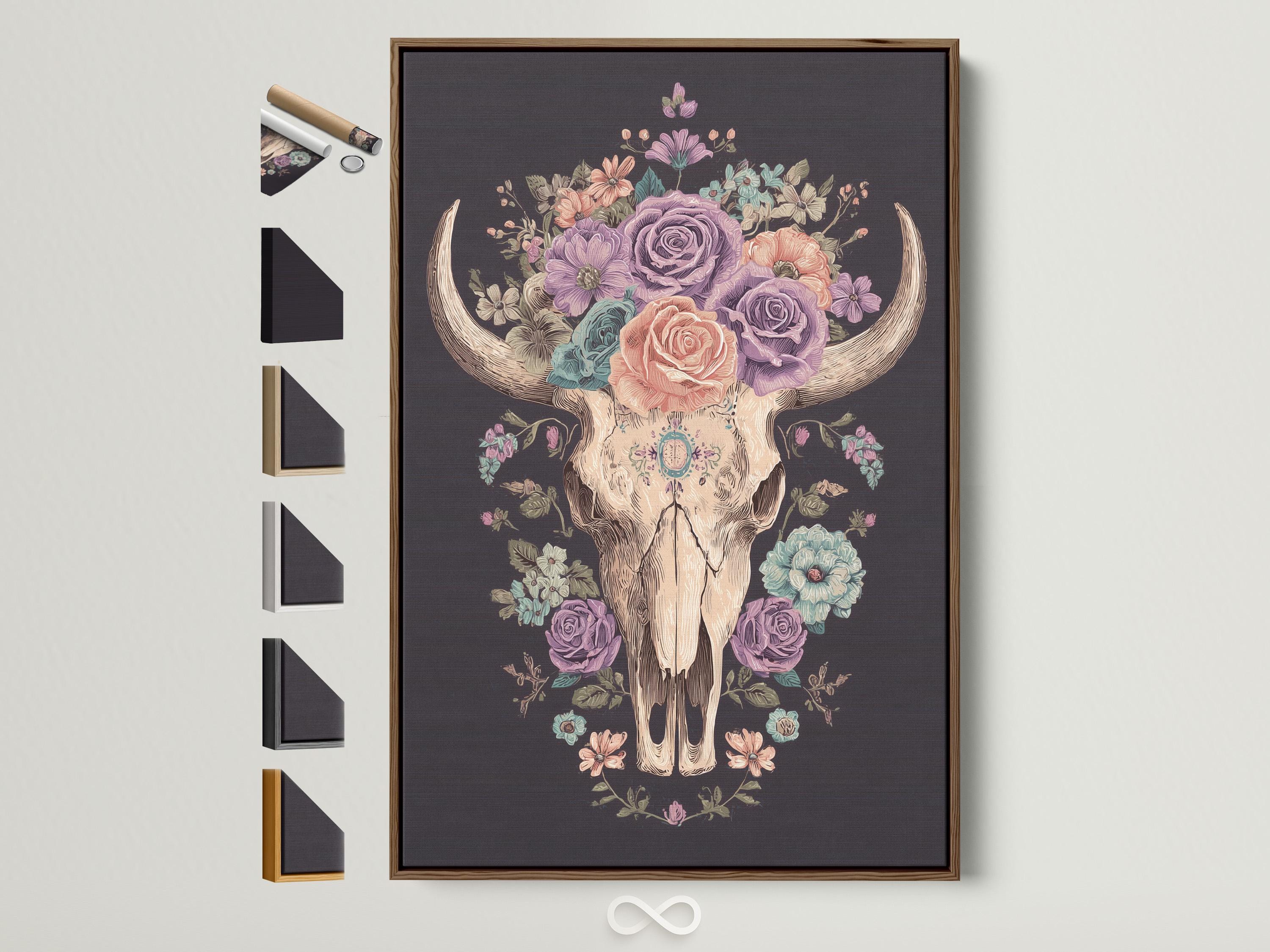 Pastel floral bull skull wall art with a rose crown and horns on a dark background