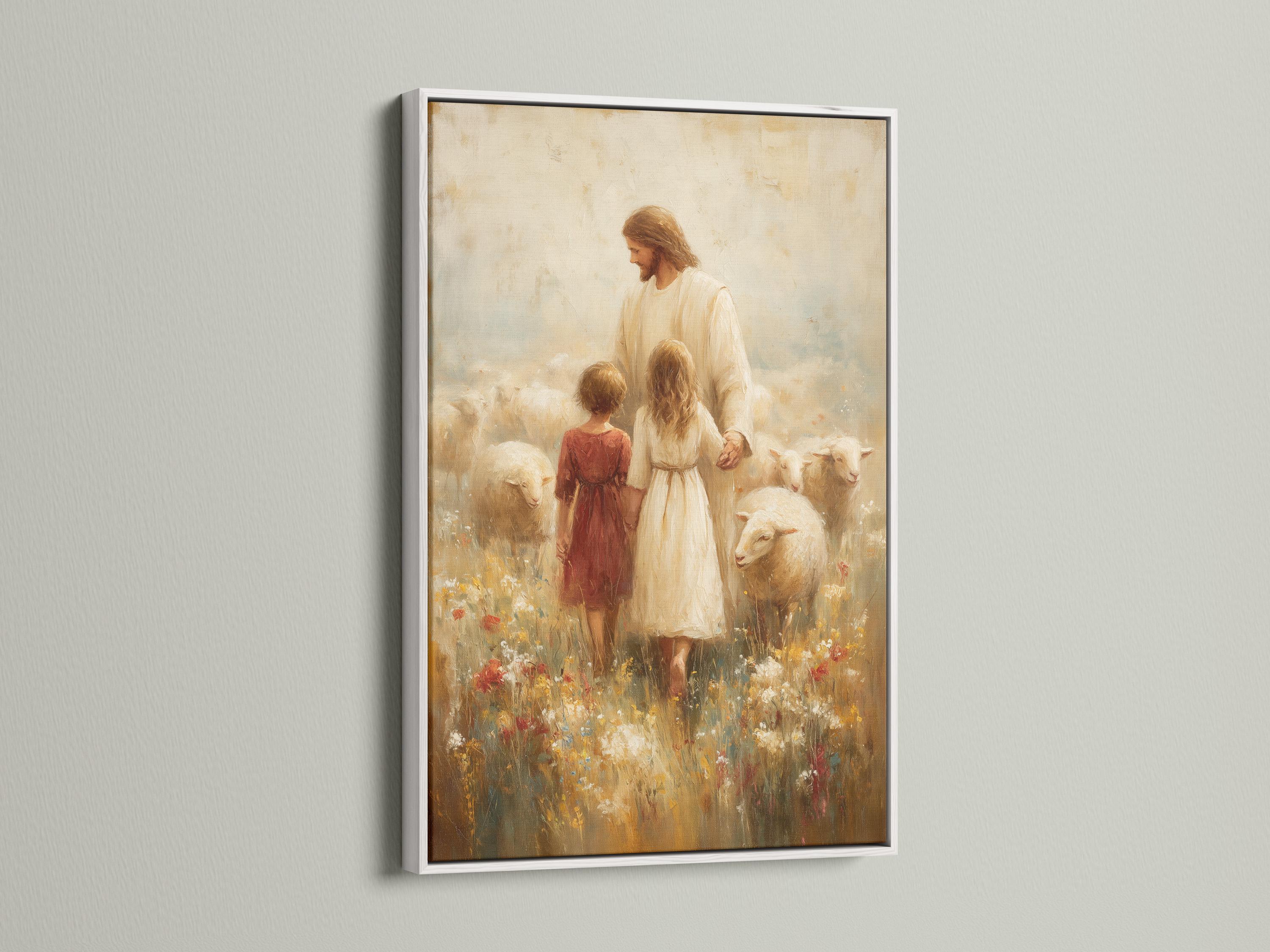 Painterly religious scene of a robed adult with two children and a white sheep in a flower field detail view