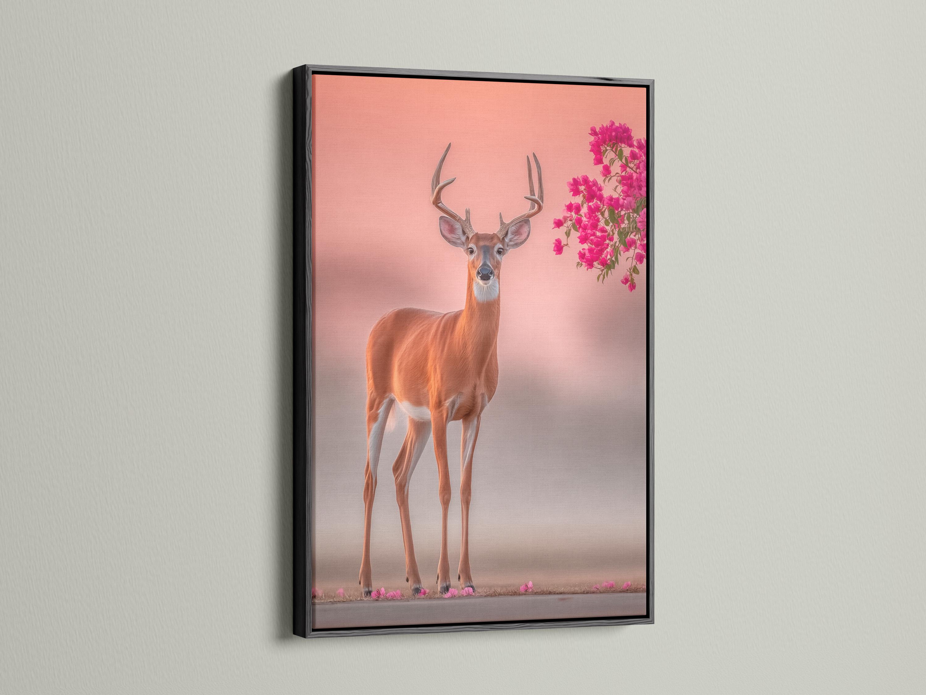 Deer portrait with tall antlers against a blush pink background and pink blossoms detail view