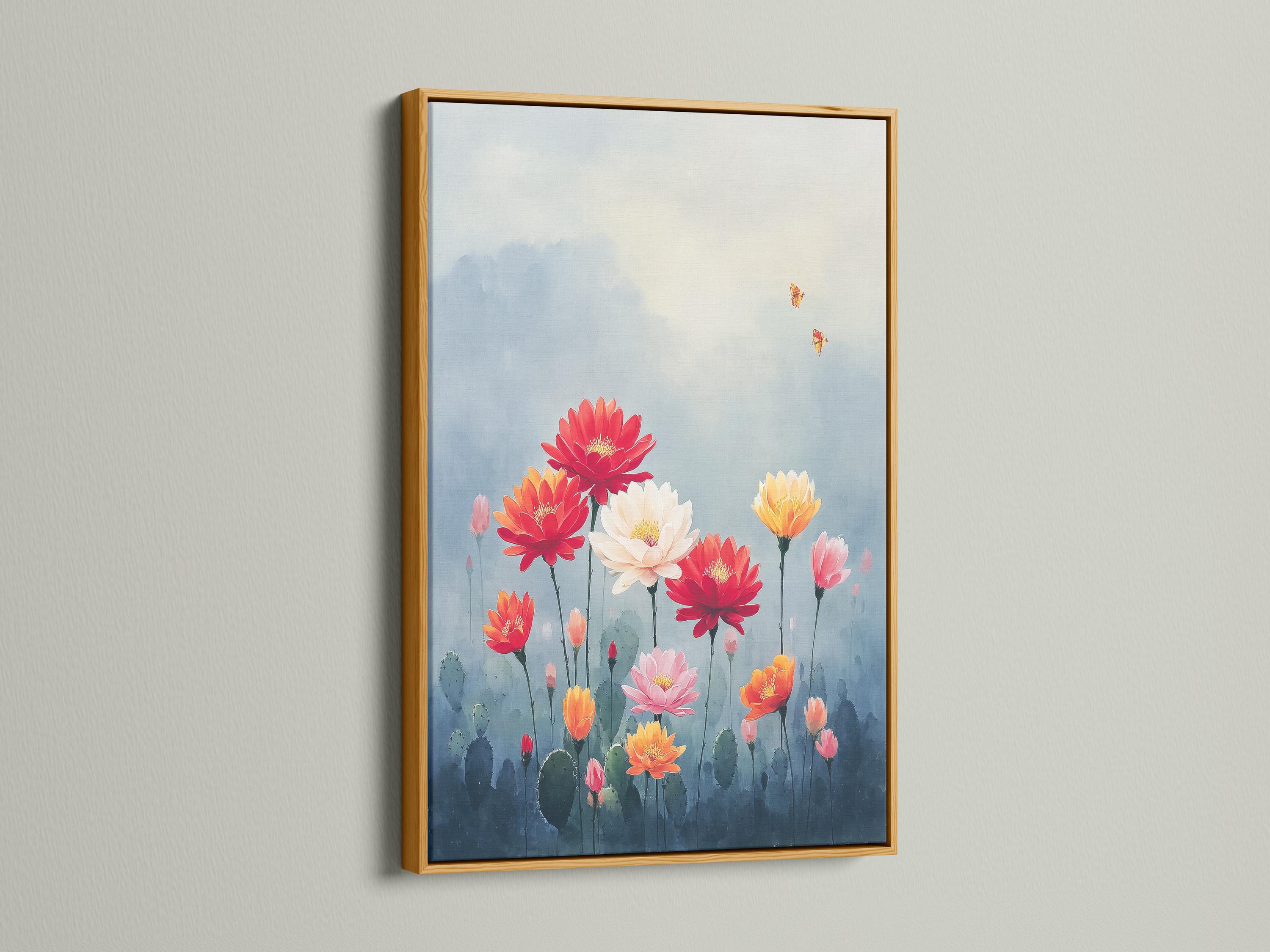Framed desert flower bouquet artwork on a wall mockup with small butterfly details