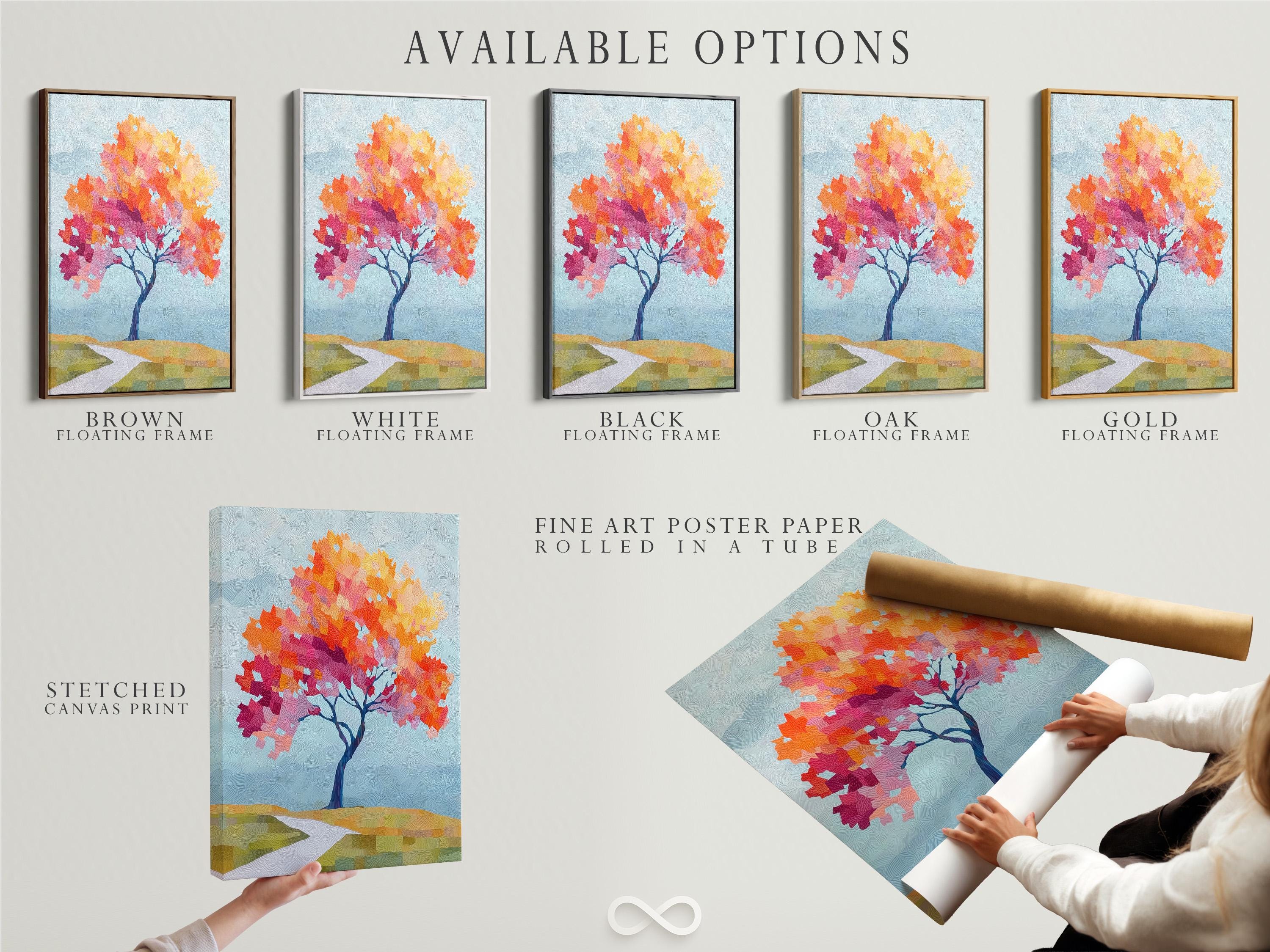 Stylised autumn tree artwork with orange, yellow and pink foliage on a textured blue background detail view