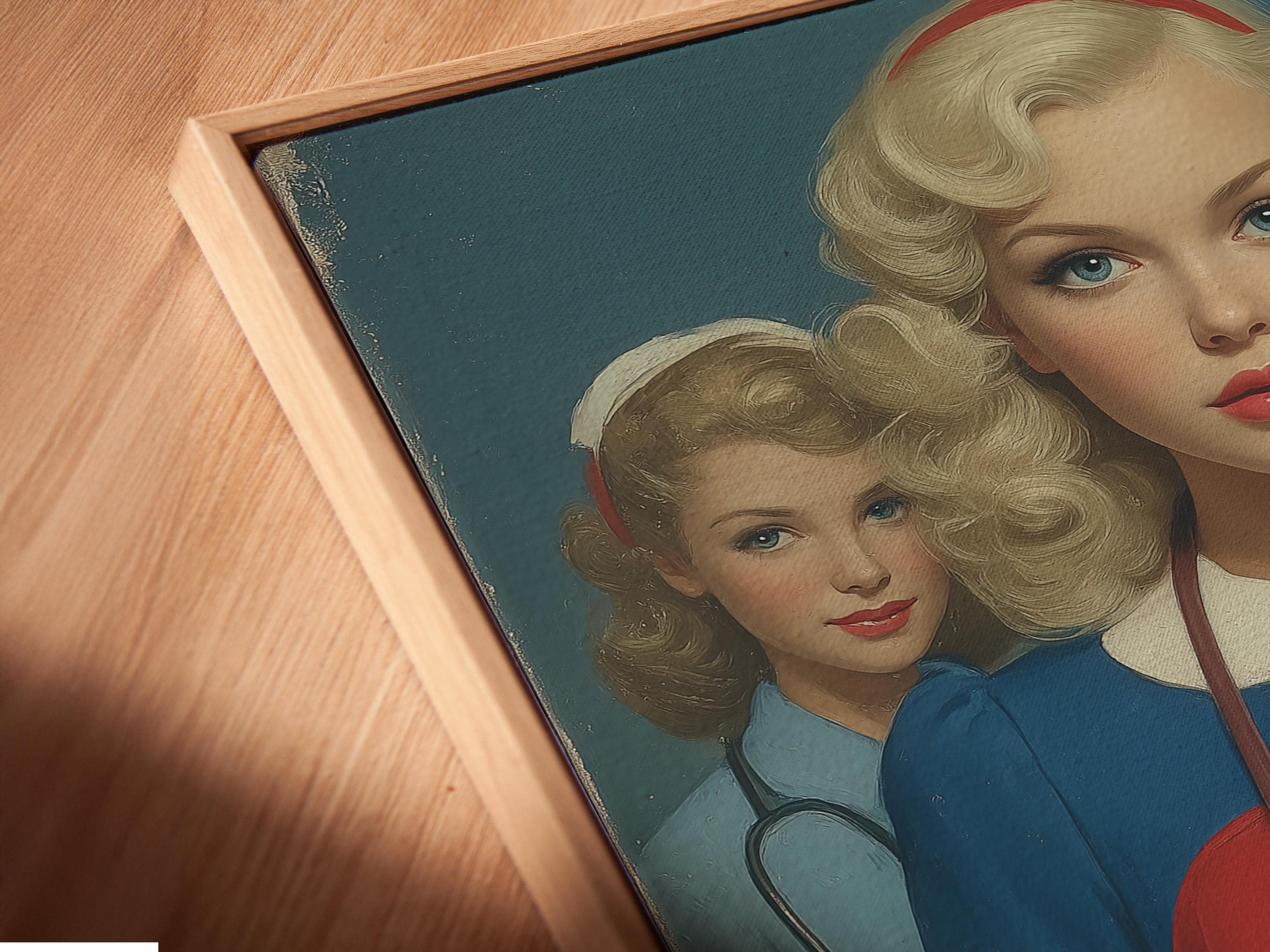 Vintage portrait of three nurses with a central anatomical heart and stethoscope detail view