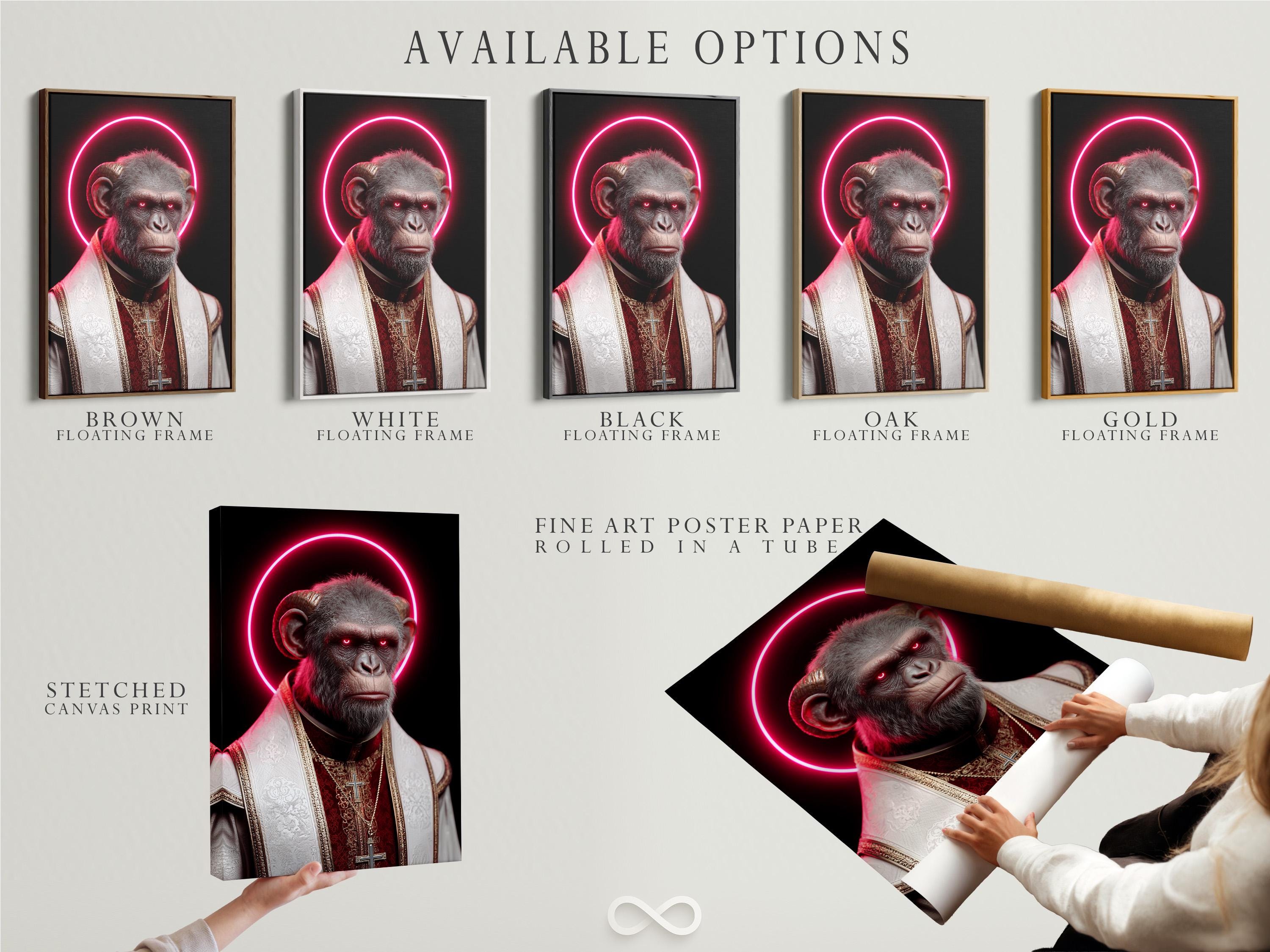 Surreal monkey portrait with a bright pink neon halo and red-and-gold robes detail view