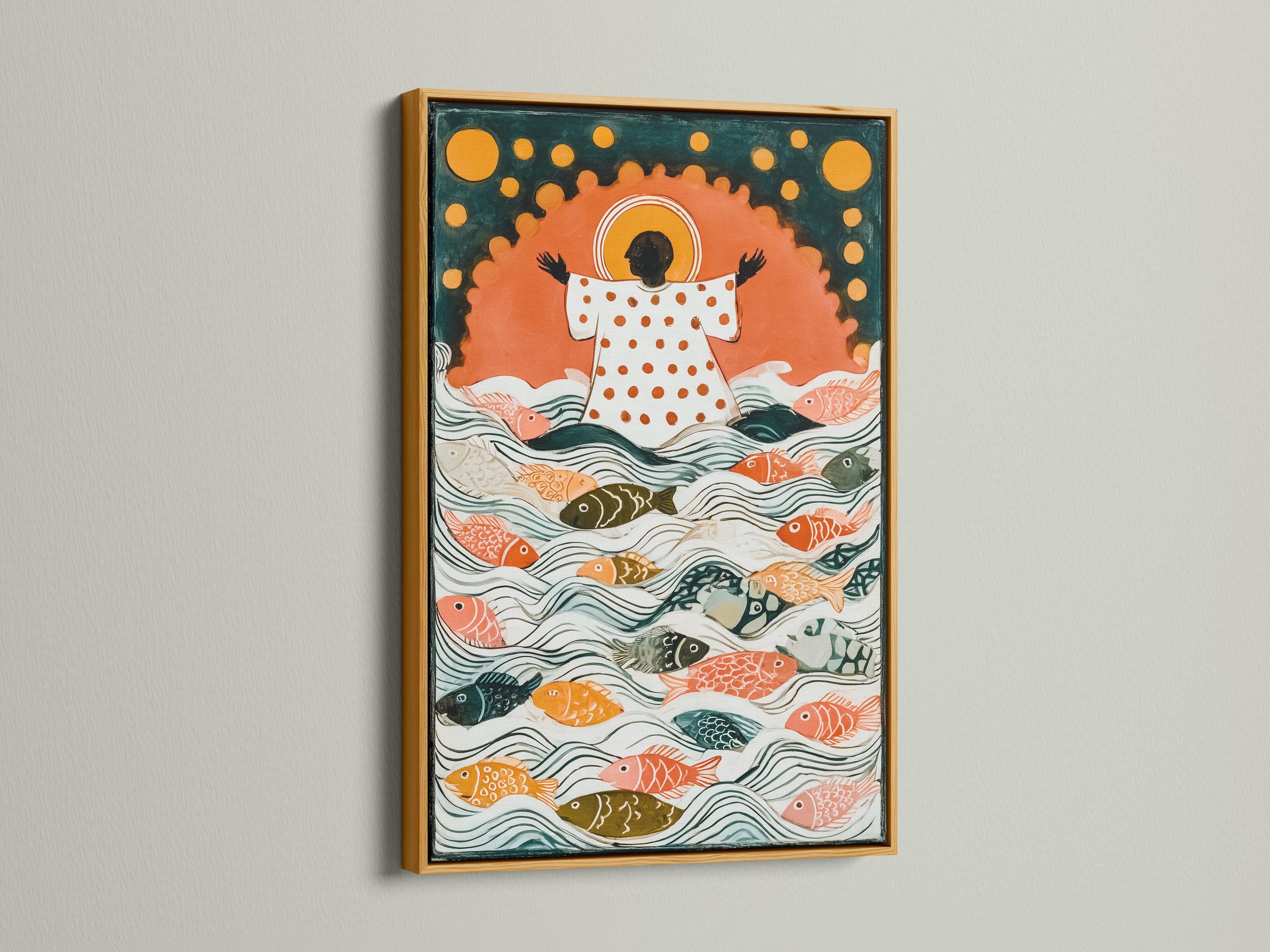 Illustrated underwater scene with many colourful fish swimming in teal and cream waves detail view