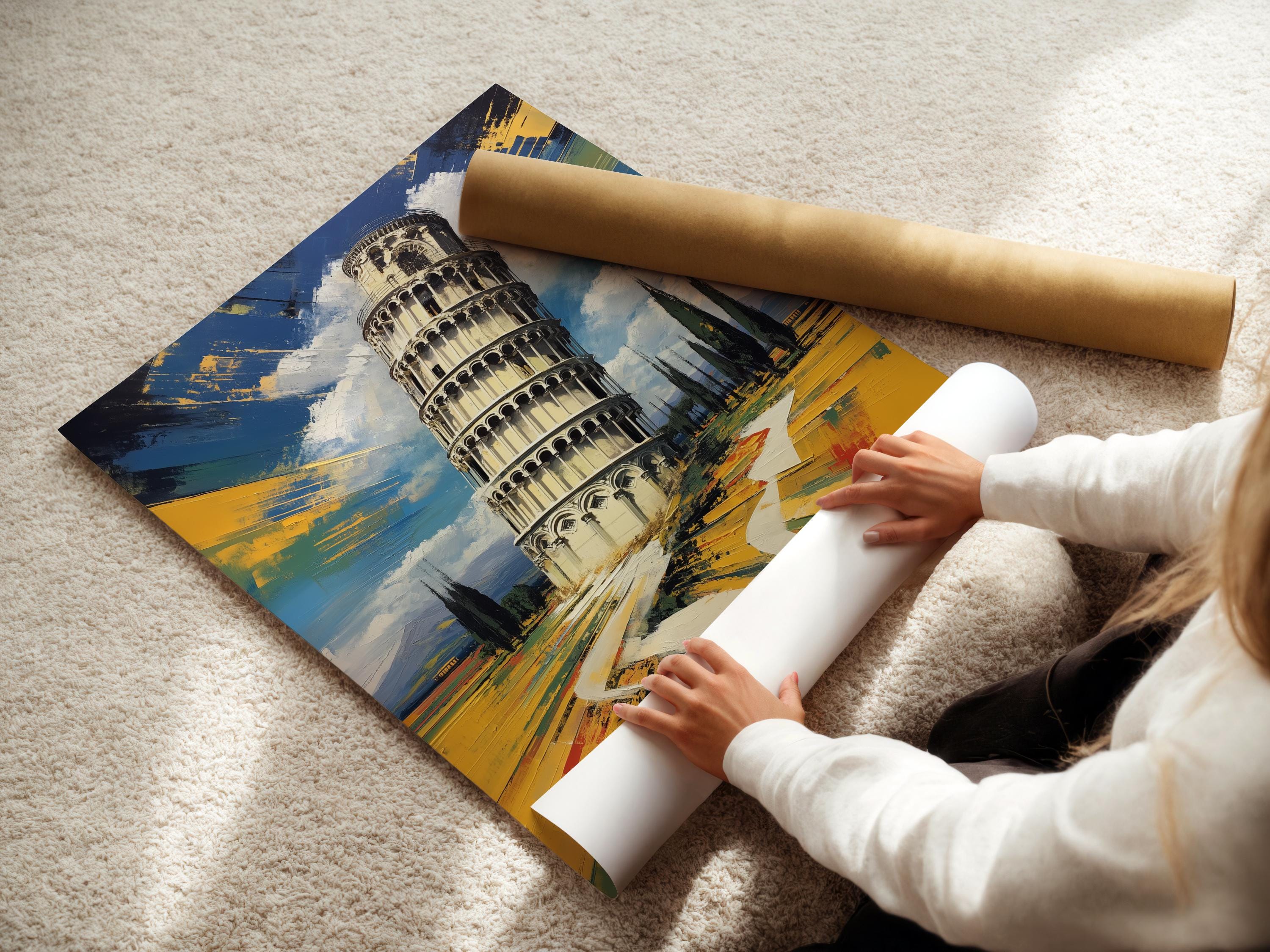 Man standing by a framed Leaning Tower of Pisa painting in an office-like room