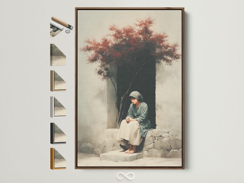 Seated hooded figure by cracked stone steps with dark tree trunk and speckled red foliage canopy