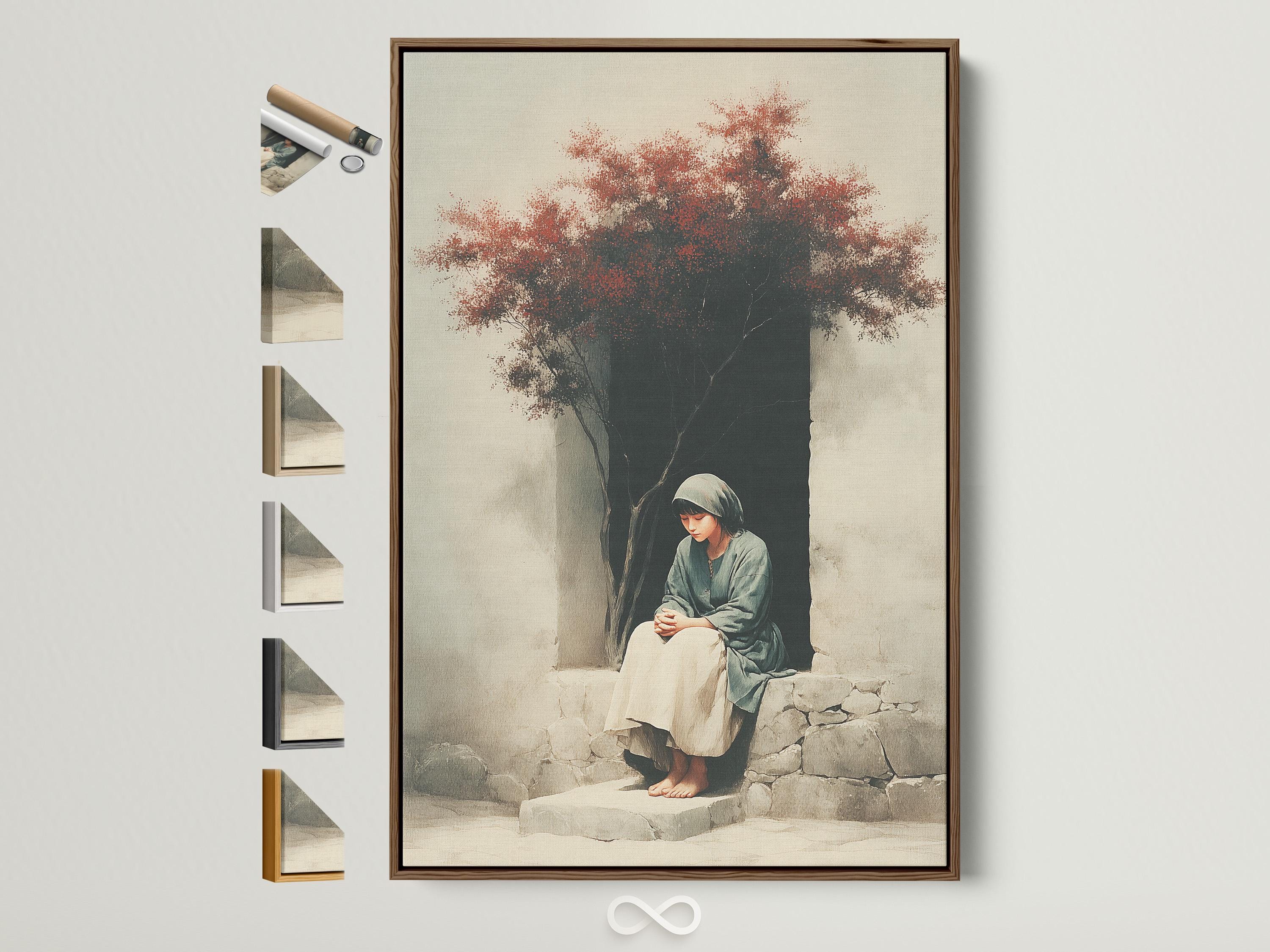 Seated hooded figure by cracked stone steps with dark tree trunk and speckled red foliage canopy