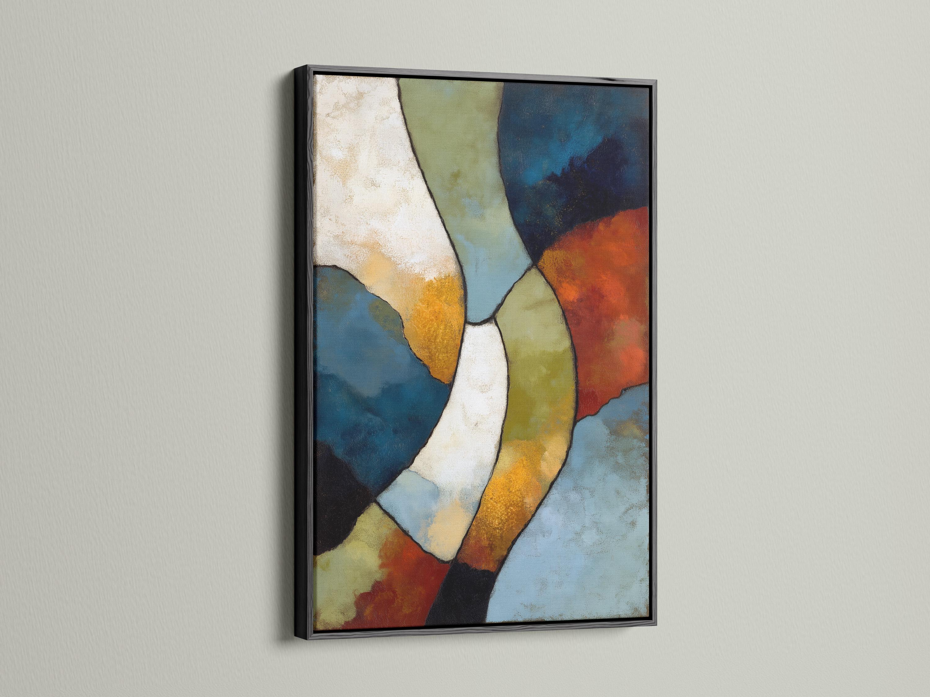 Man sitting on a sofa in a room, with an abstract geometric artwork on the wall