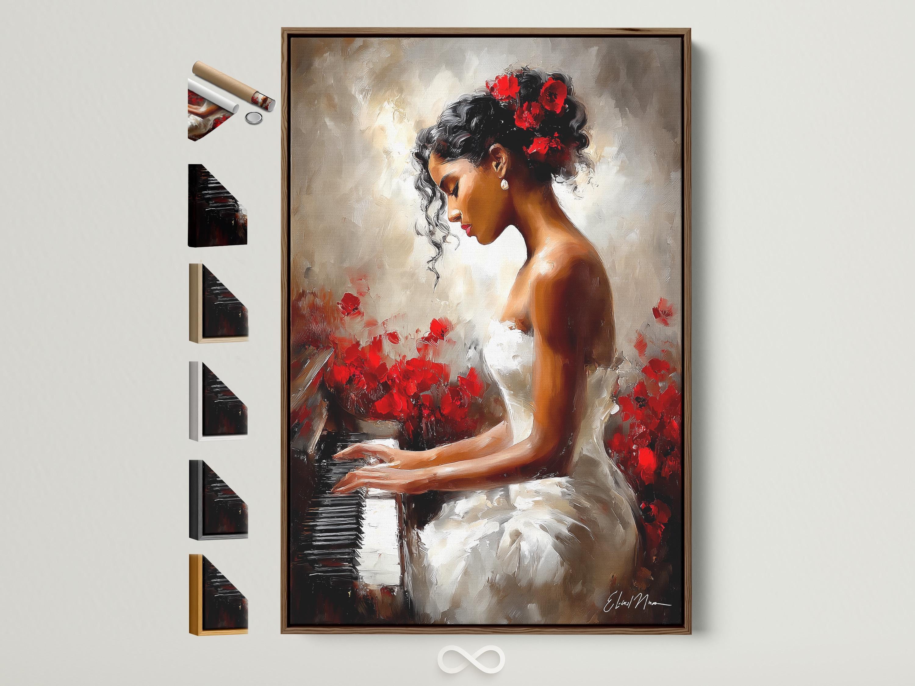 A framed artwork of a woman playing a piano with red flowers displayed in a room