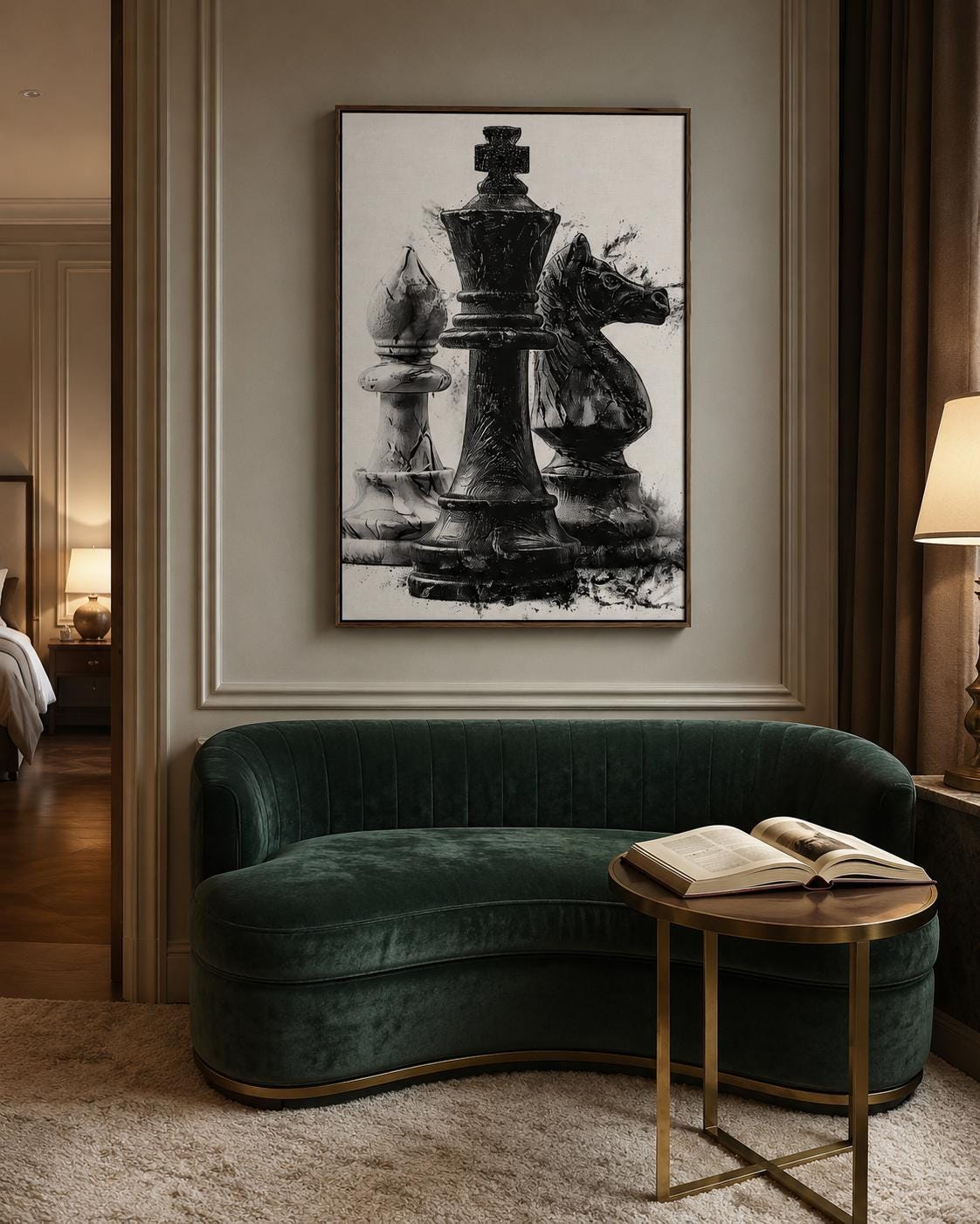 Monochrome chess artwork featuring a black king-like figure with distressed ink-splatter texture detail view