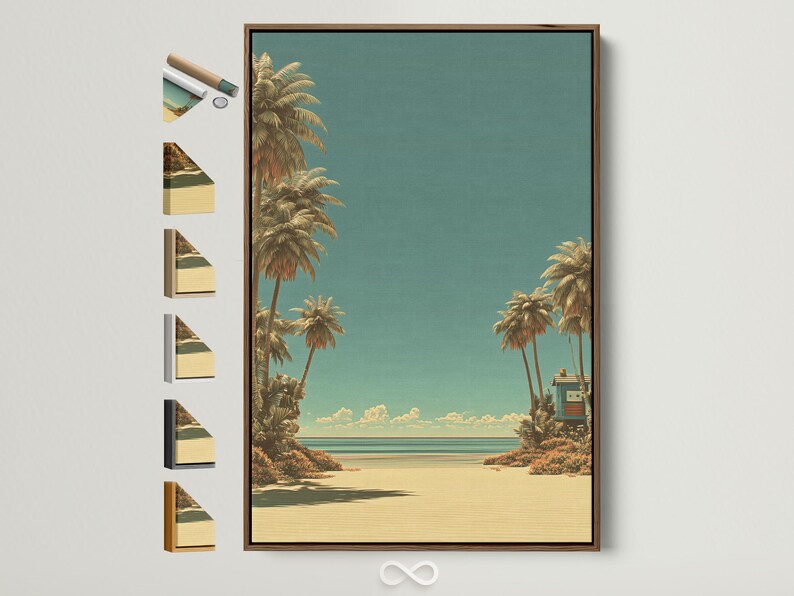 Tropical beach scene with teal sky, warm golden palm trees, pale sand and calm sea horizon