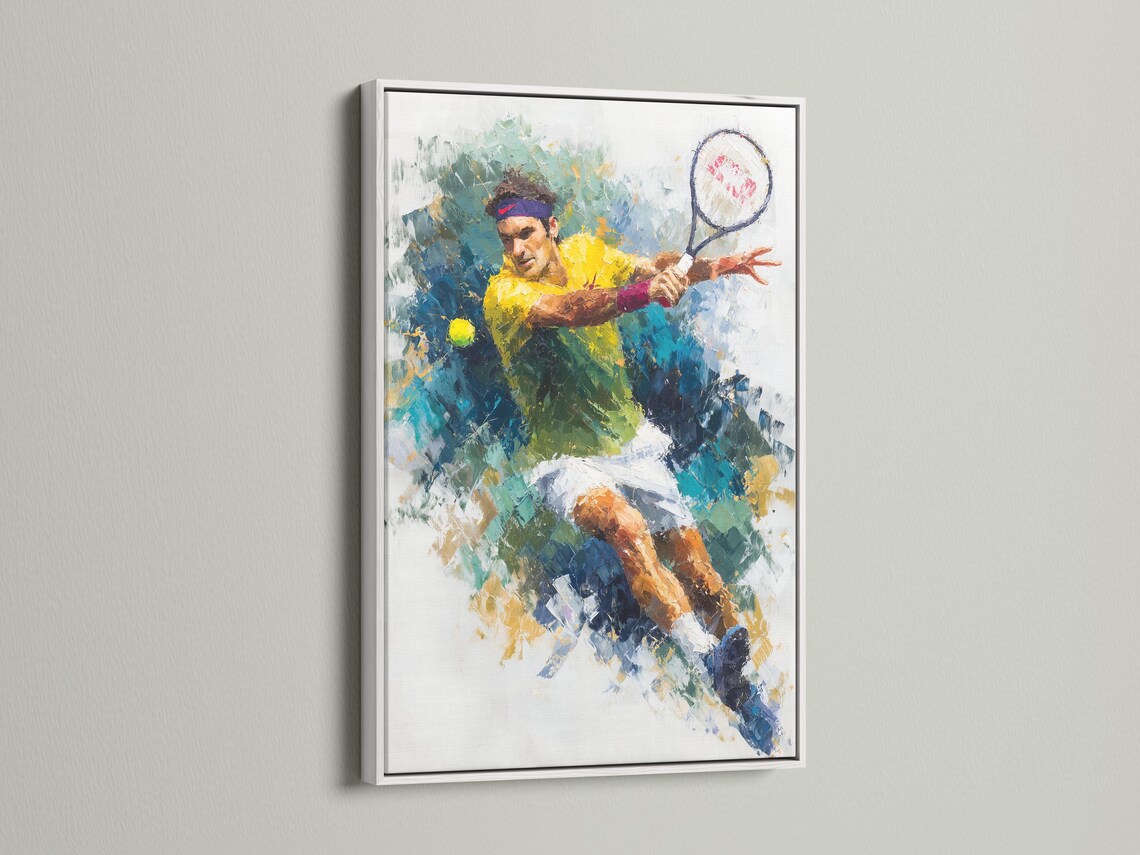Abstract tennis player artwork in blue, teal, green and yellow with a sweeping racket arc detail view