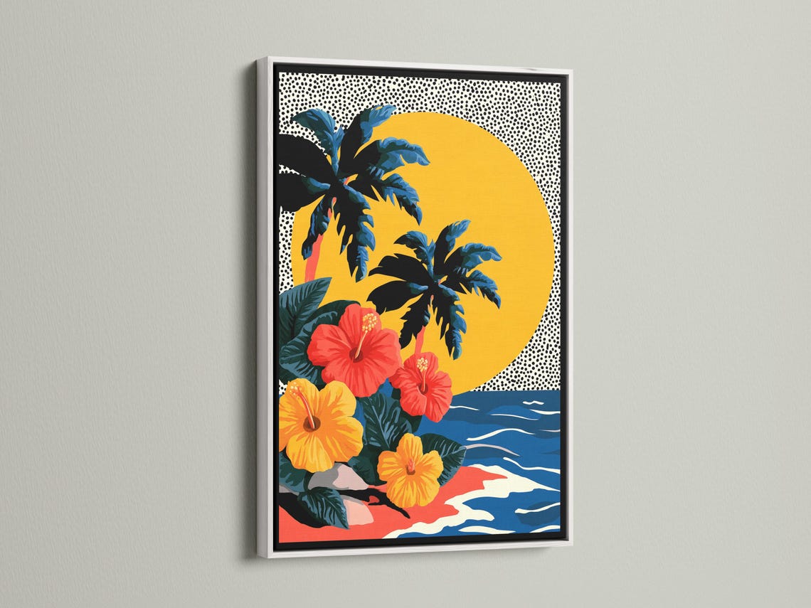 Wall mockup of tropical floral artwork with palm leaves, hibiscus-like flowers, waves and a yellow sun circle