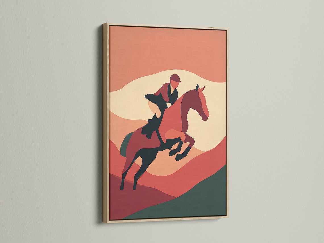 Room mockup showing framed horse and rider artwork in terracotta tones