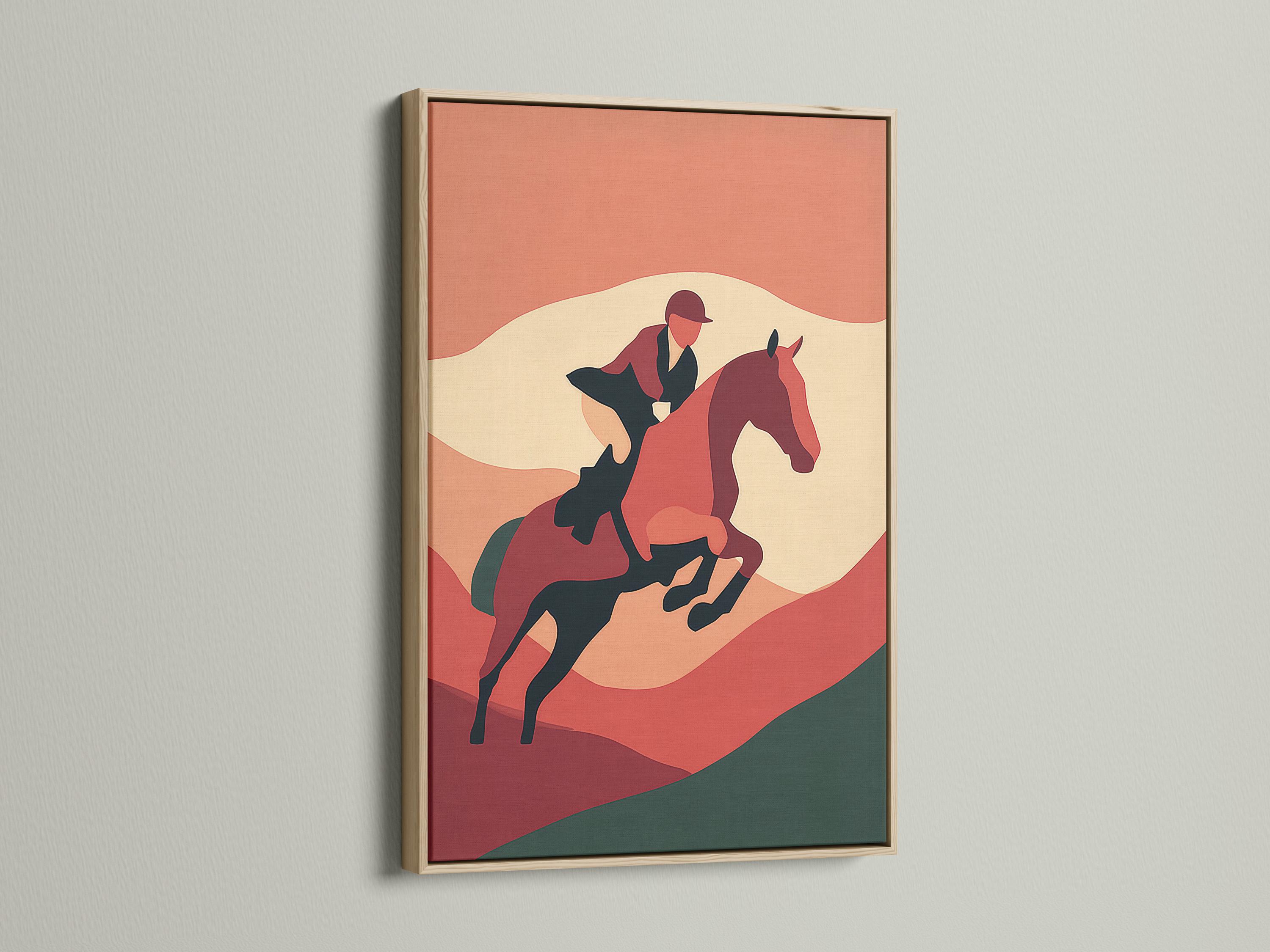 Room mockup showing framed horse and rider artwork in terracotta tones