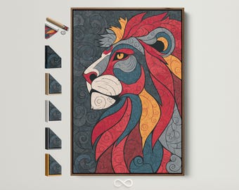 Lion Canvas Art - Animal Wall Decor, Red Gold & Grey Lion Print, Modern Art for Living Room, Contemporary Decor, Housewarming Gift