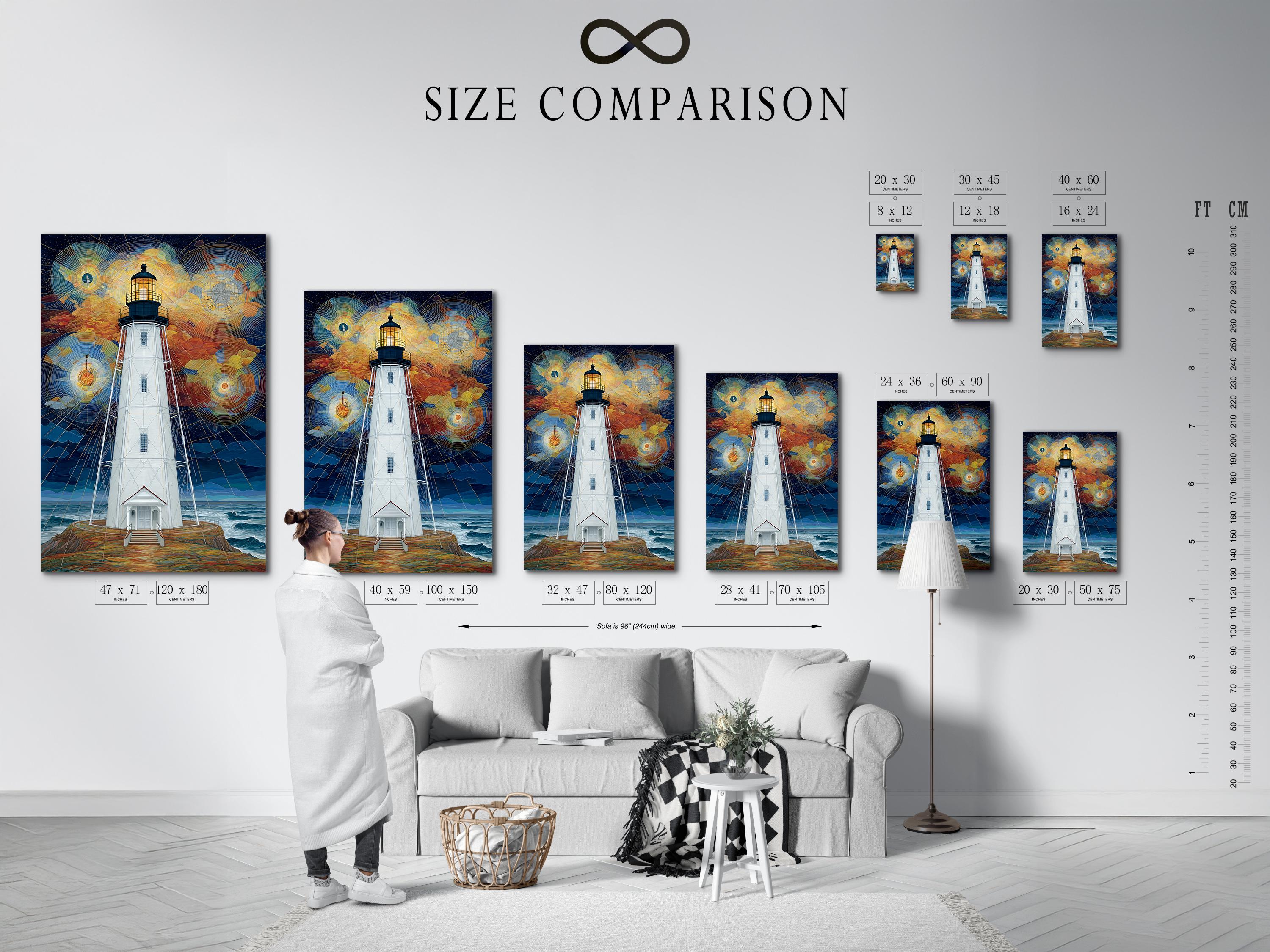 Geometric lighthouse painting with starry night sky and swirling circular light patterns detail view