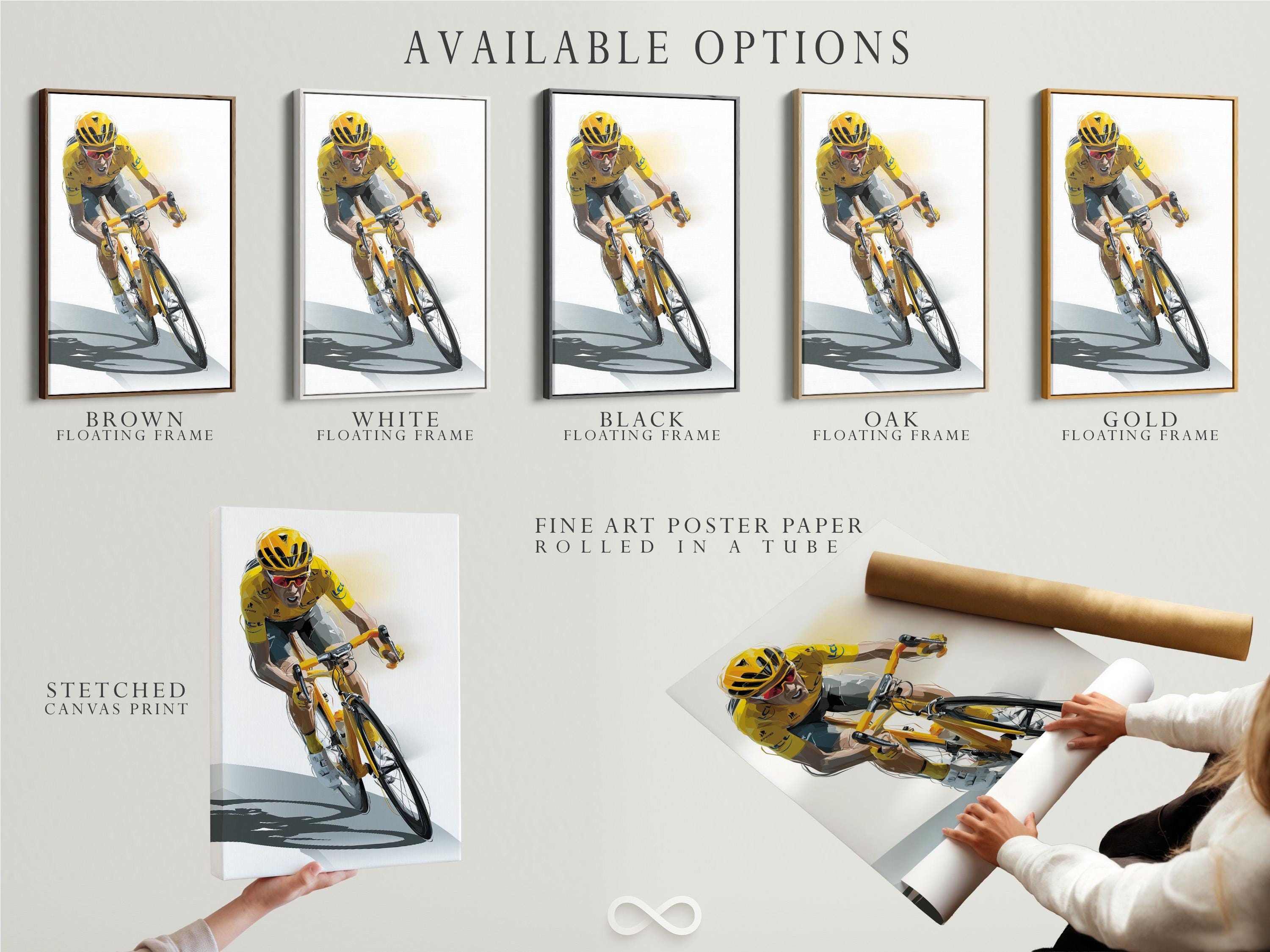 Illustration of a cyclist in a bright yellow jersey racing on a bicycle against a pale background detail view