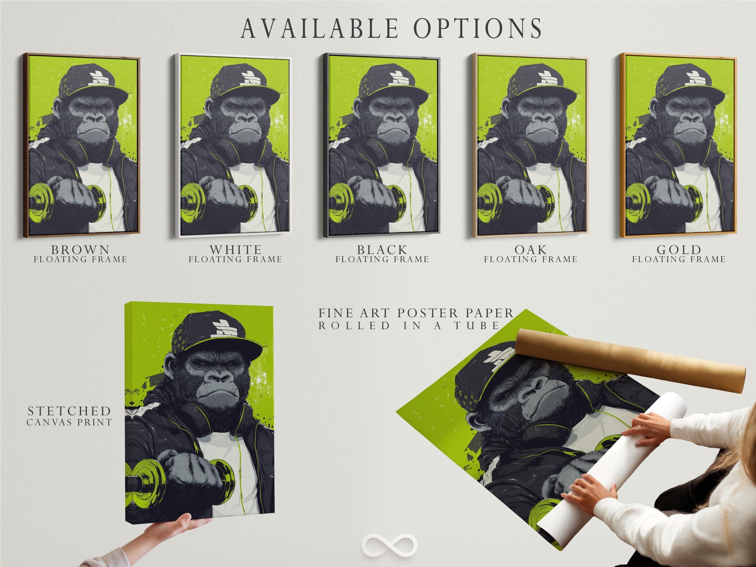 Mockup showing a framed gorilla barbell street-art image with a neon lime green background