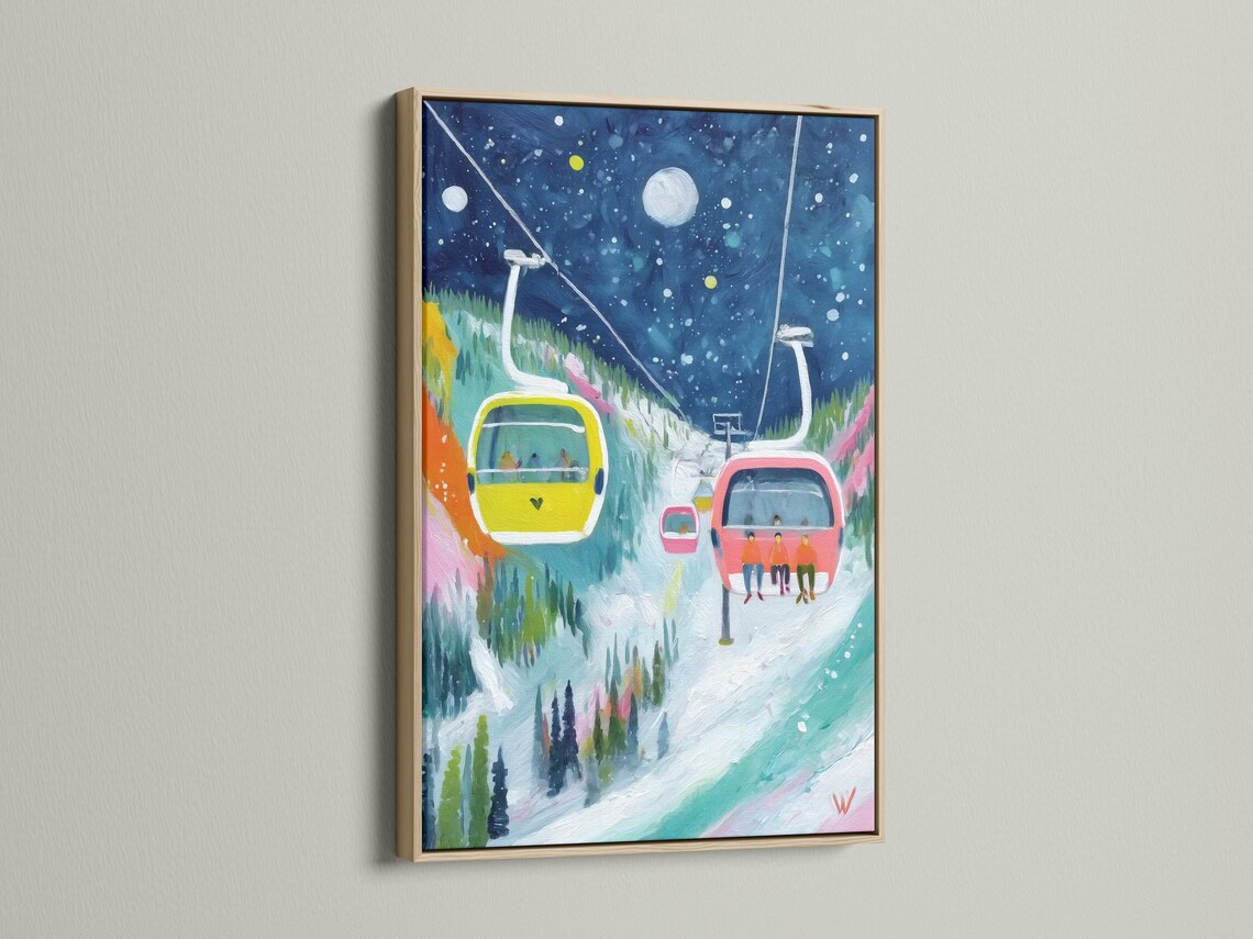 Winter ski lift artwork with gondola and cable cars over snowy slopes and a blue sky detail view