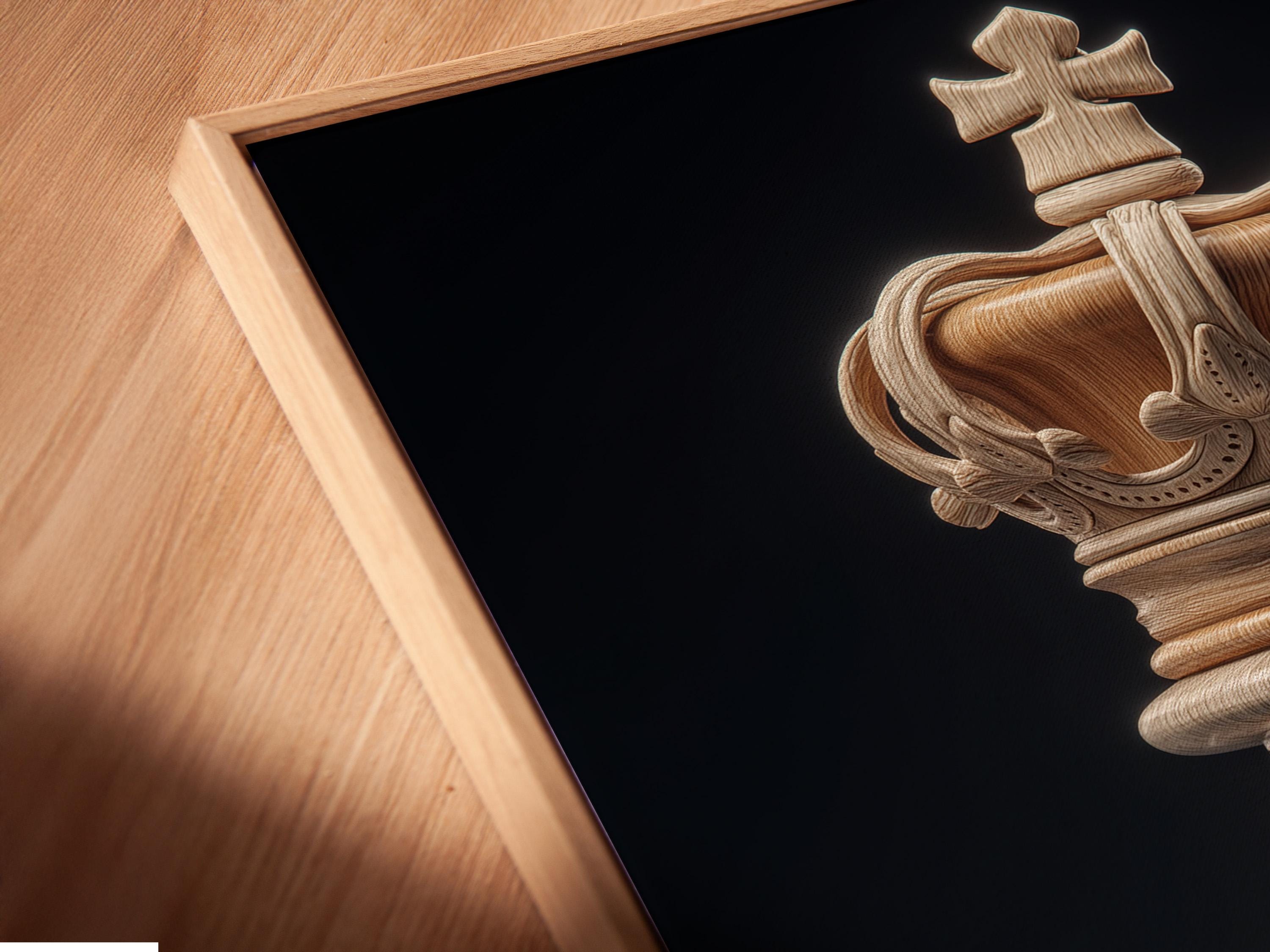 Portrait artwork of a pale wood-textured chess king on a dark charcoal background detail view