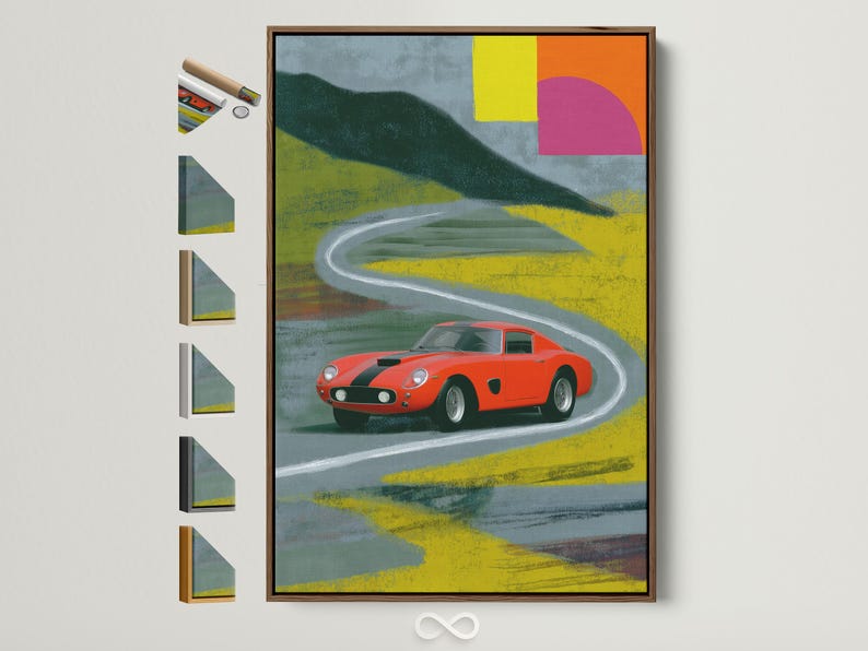 Red vintage race car on a curving track with geometric blocks in pink, yellow and green