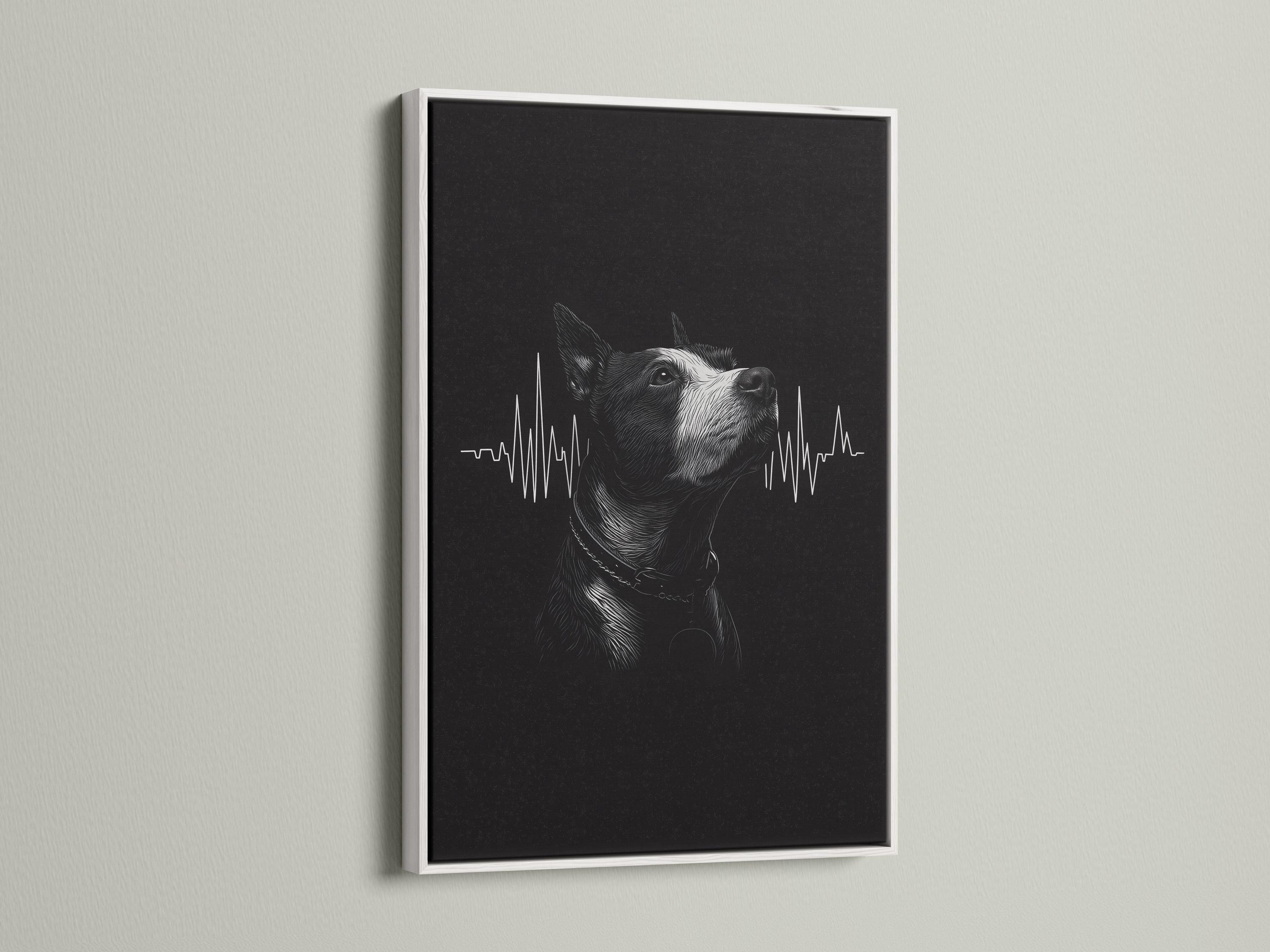 Room mockup showing a framed monochrome dog portrait with a heartbeat waveform on a dark background