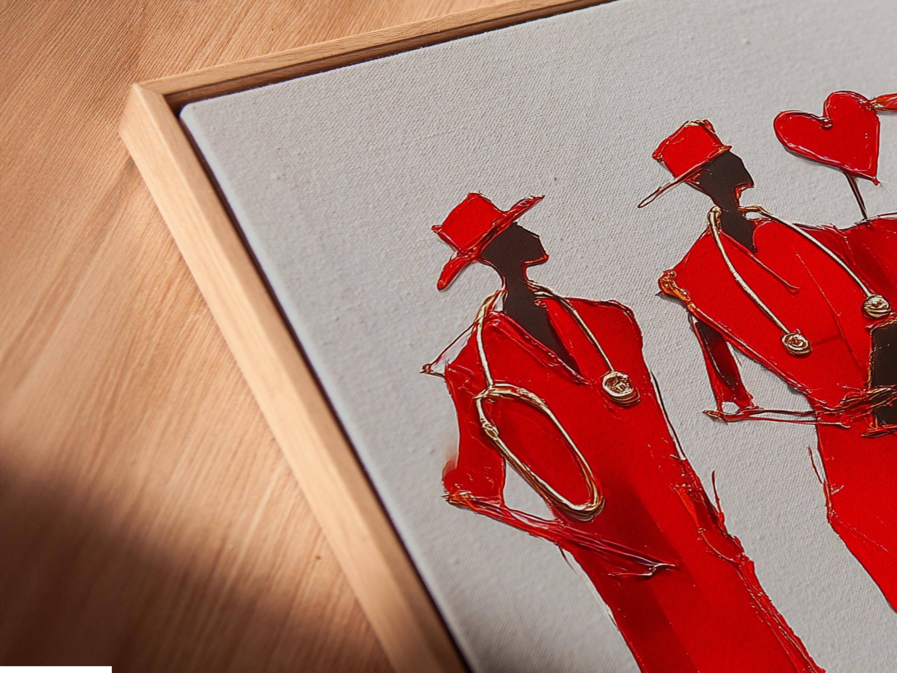 Stylised group of red fashion figures in hats with sketchy outlines and mirrored red reflections detail view