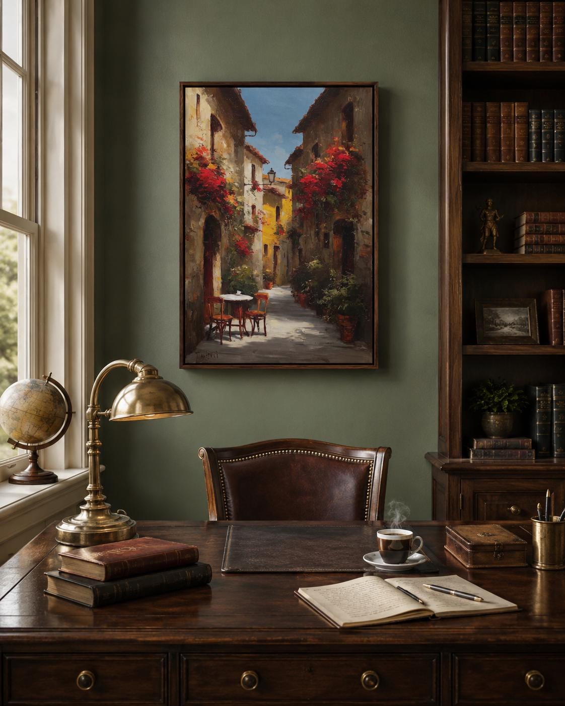 A sunlit alley scene with warm golden light, red flowering vines, and old European buildings leads the eye to a small table in the distance detail