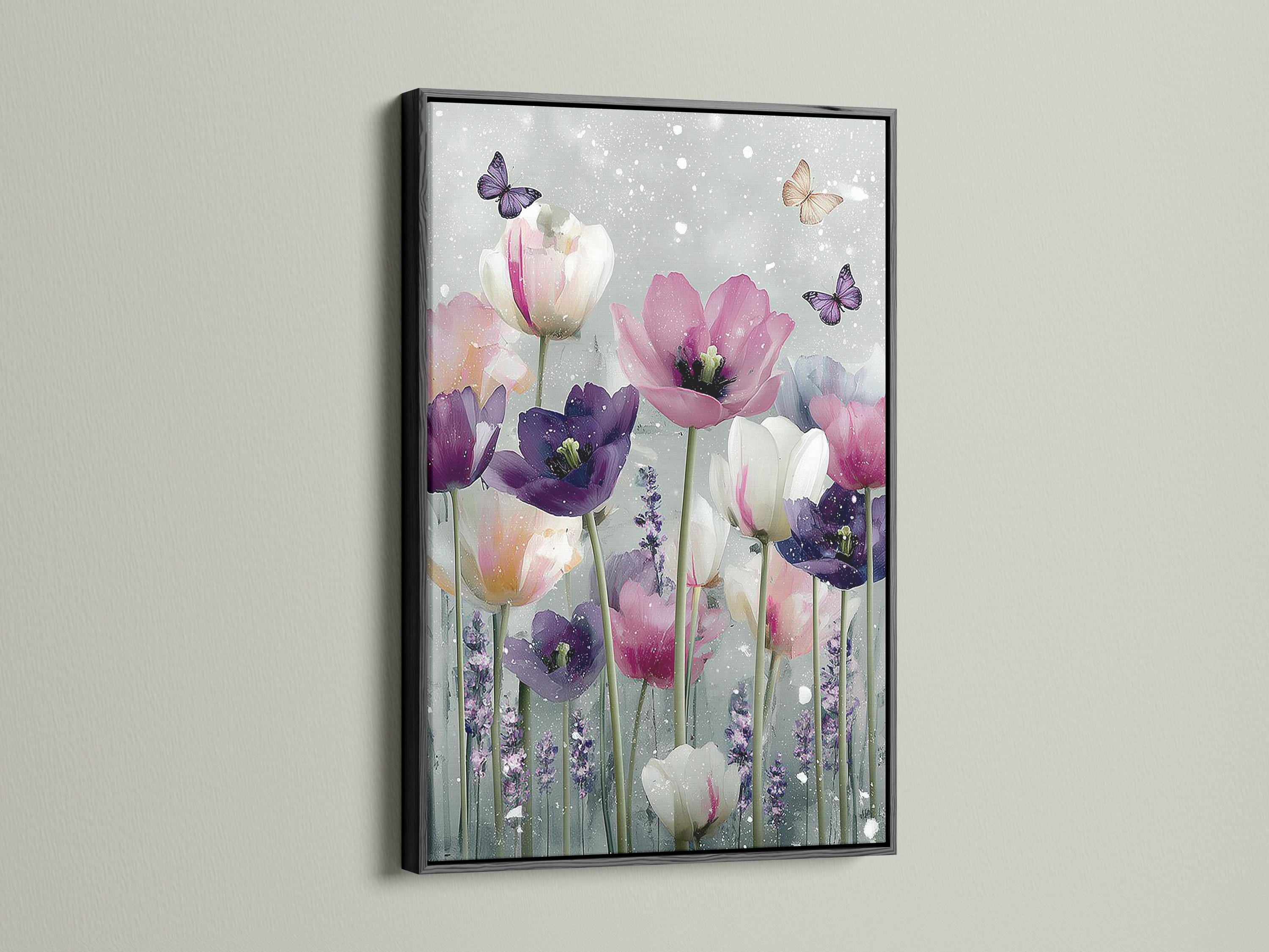 Tulip bouquet with butterflies in blush pink and purple on a pale speckled background detail view