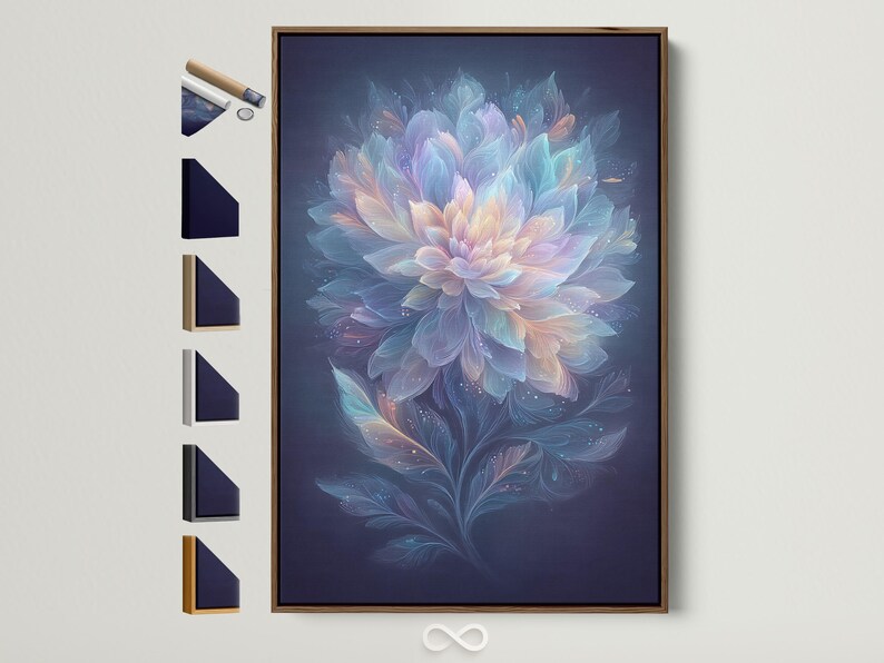 Ethereal pastel flower with layered petals and leaves on a deep navy blue background