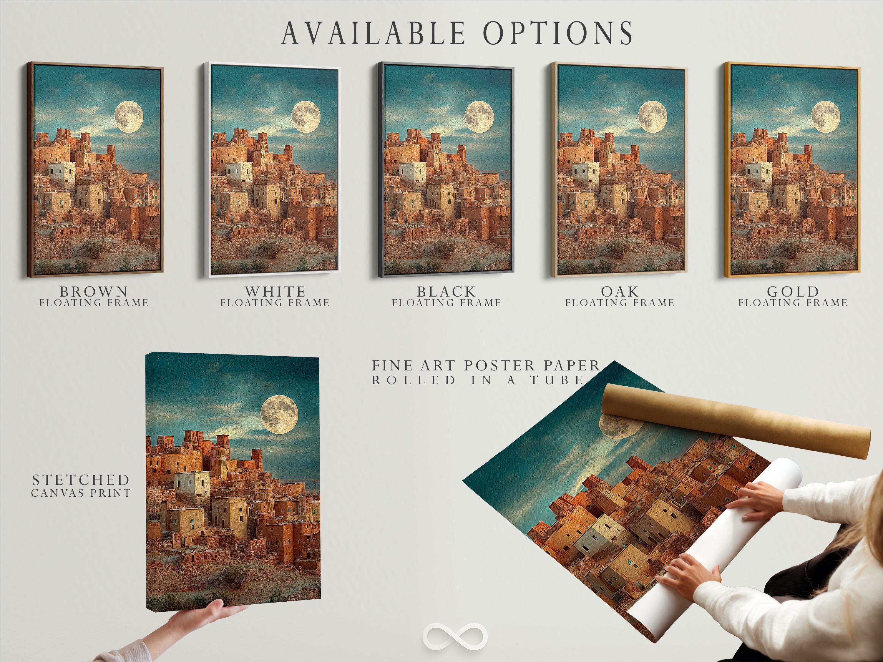 Moonlit desert village with warm buildings and a glowing full moon in a textured teal sky detail view