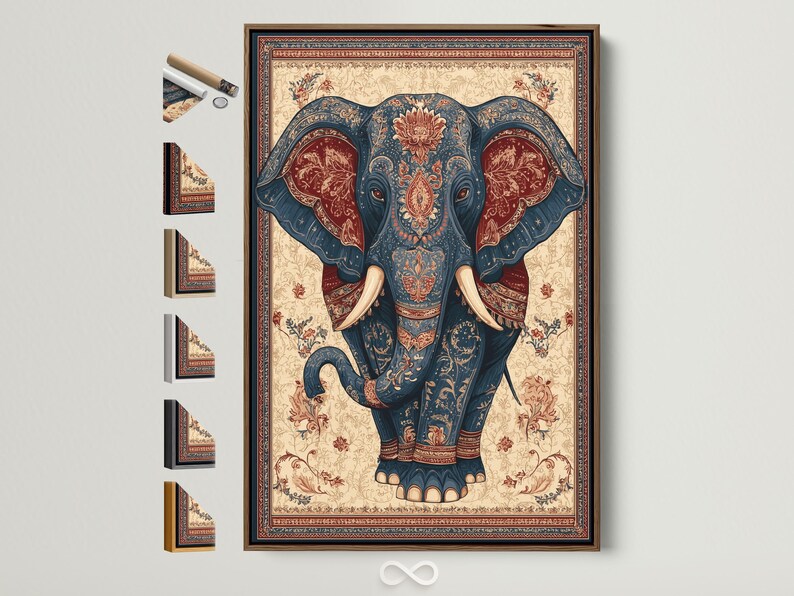 Elephant portrait illustration in deep blue with beige tusks, framed by ornate floral border patterns
