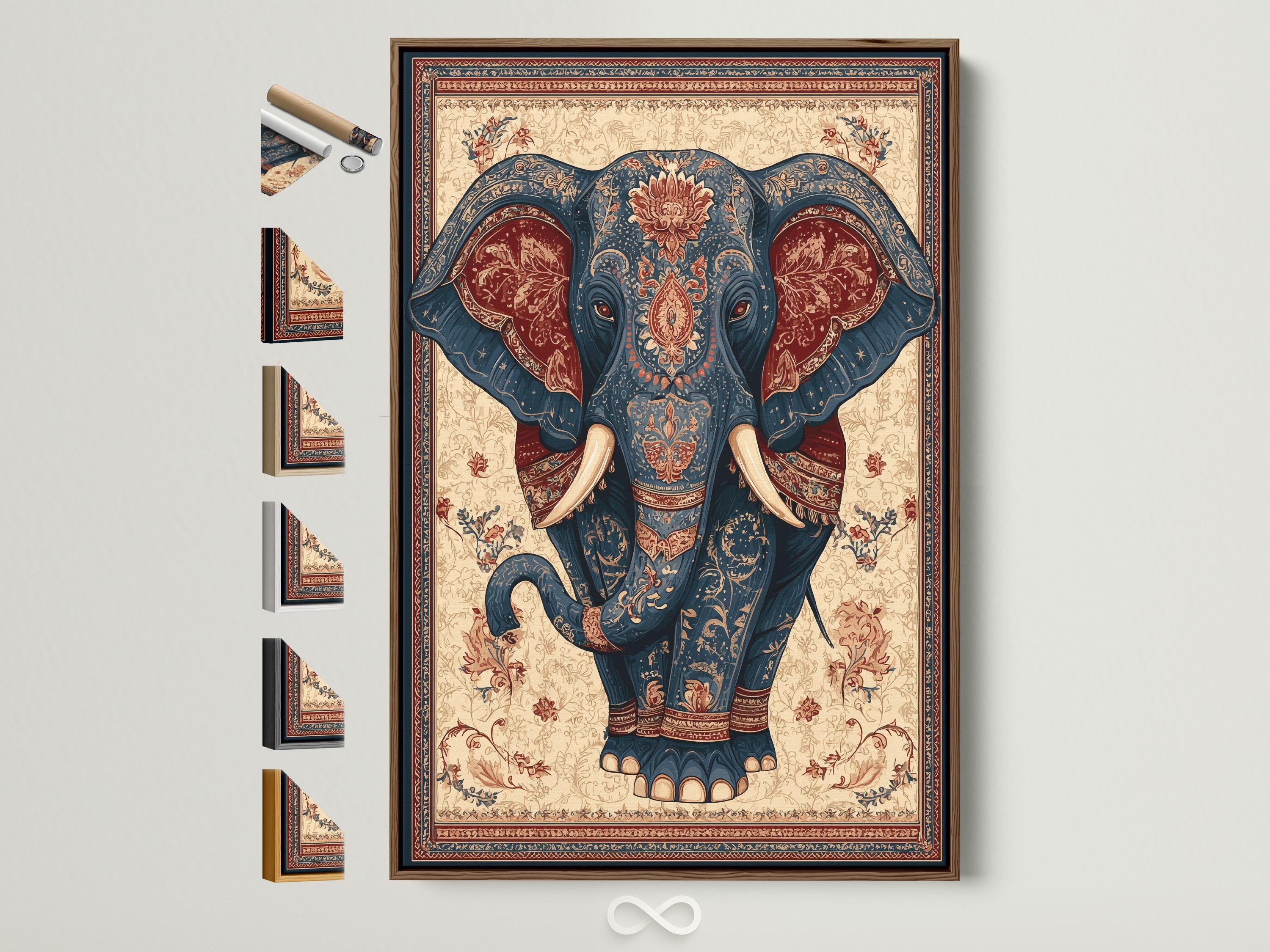 Elephant portrait illustration in deep blue with beige tusks, framed by ornate floral border patterns