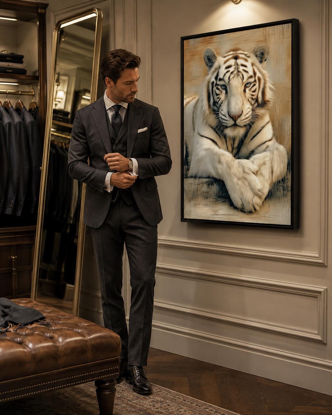 Office mockup with a tiger portrait artwork on the wall