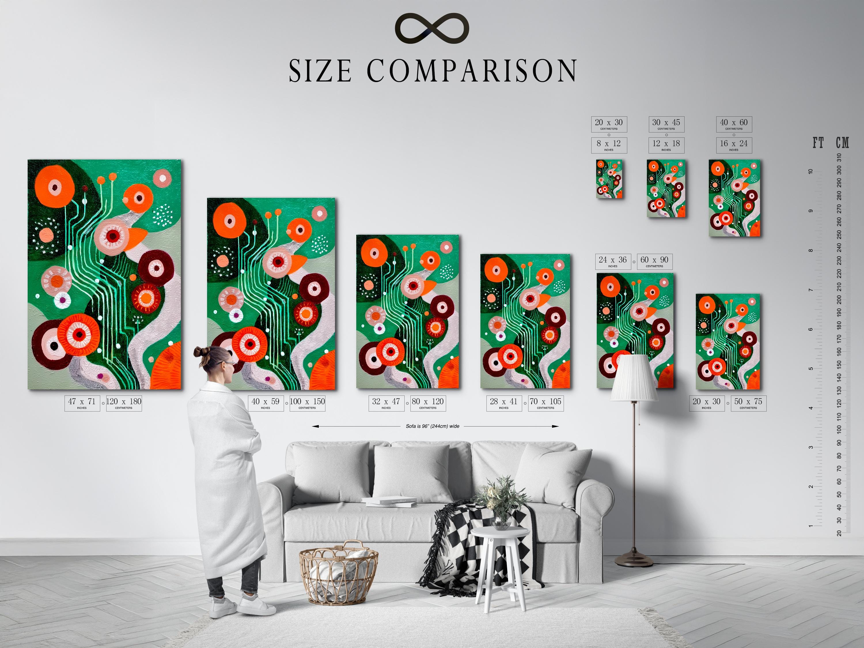 Green abstract artwork with orange and maroon circles, teal curved lines and dotted accents detail view