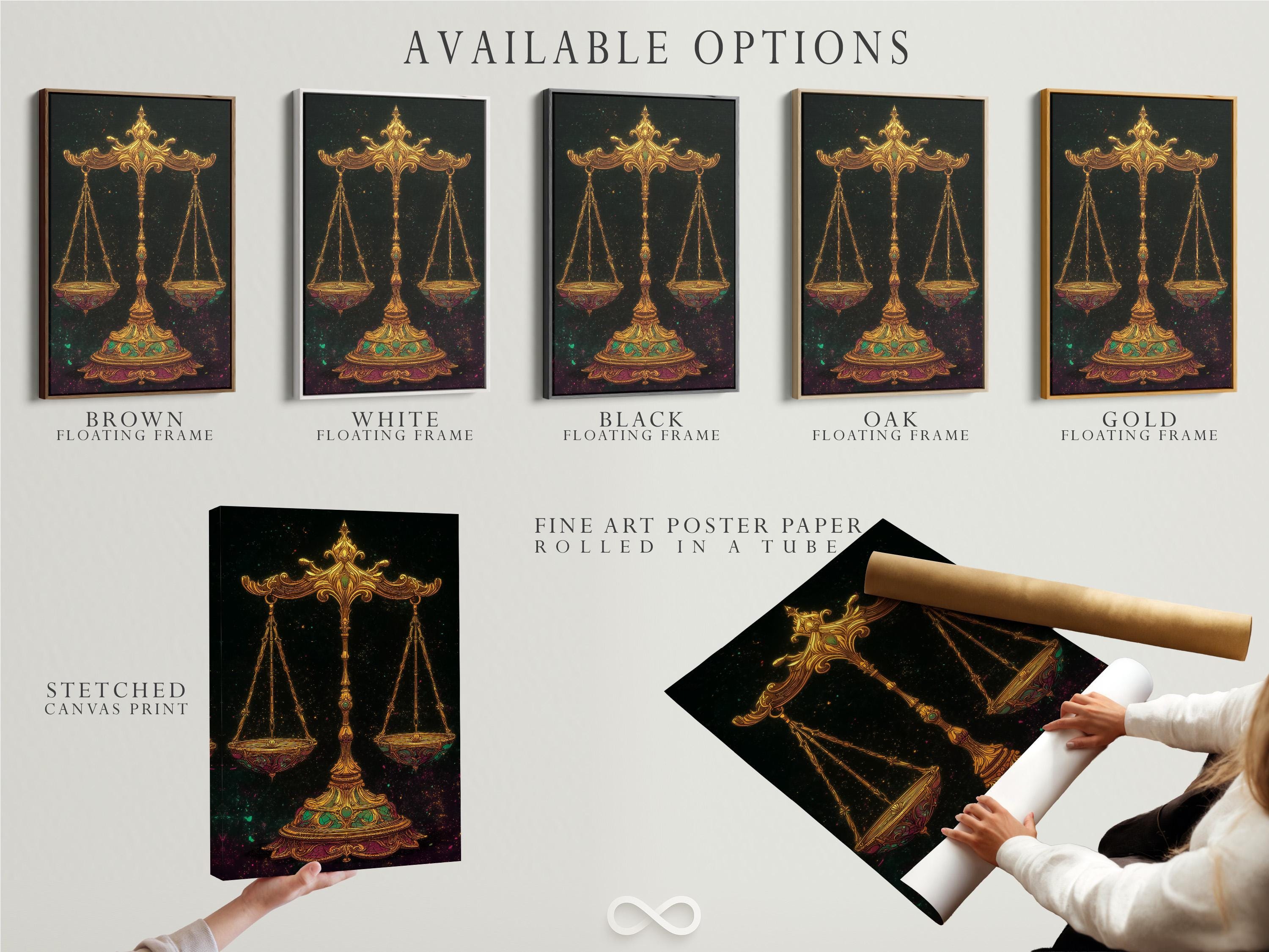 Ornate gold balance scales with emerald-green accents on a dark starry background detail view