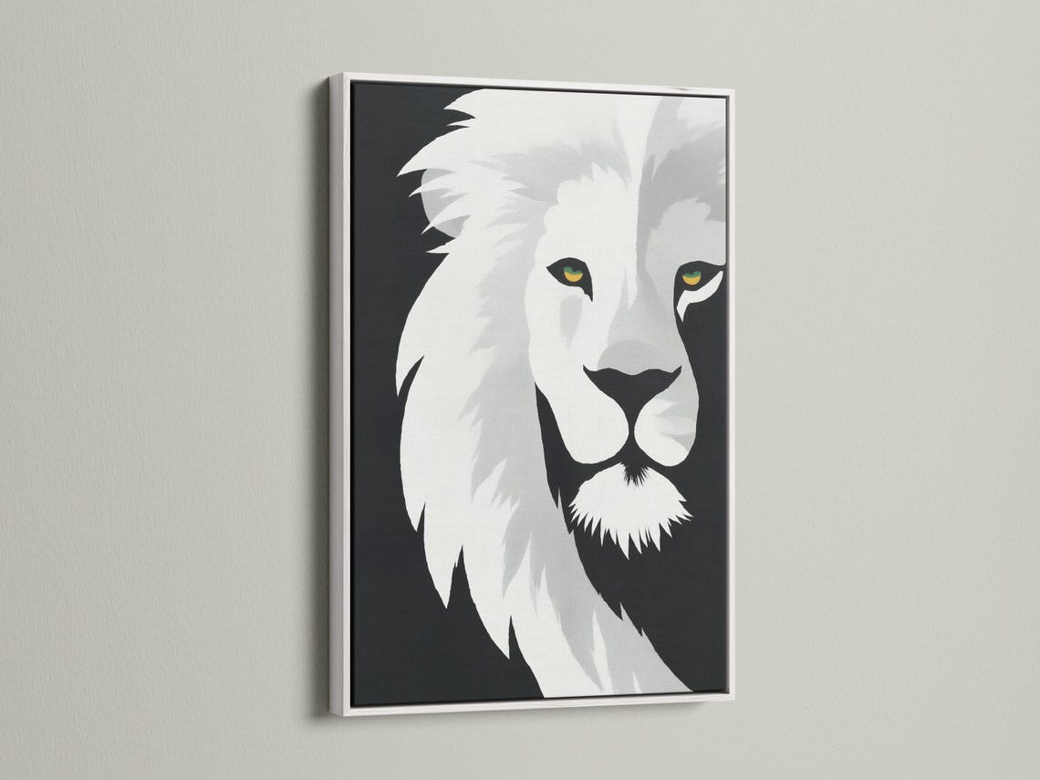 Monochrome lion portrait artwork with stylised mane and yellow-green eye highlights detail view